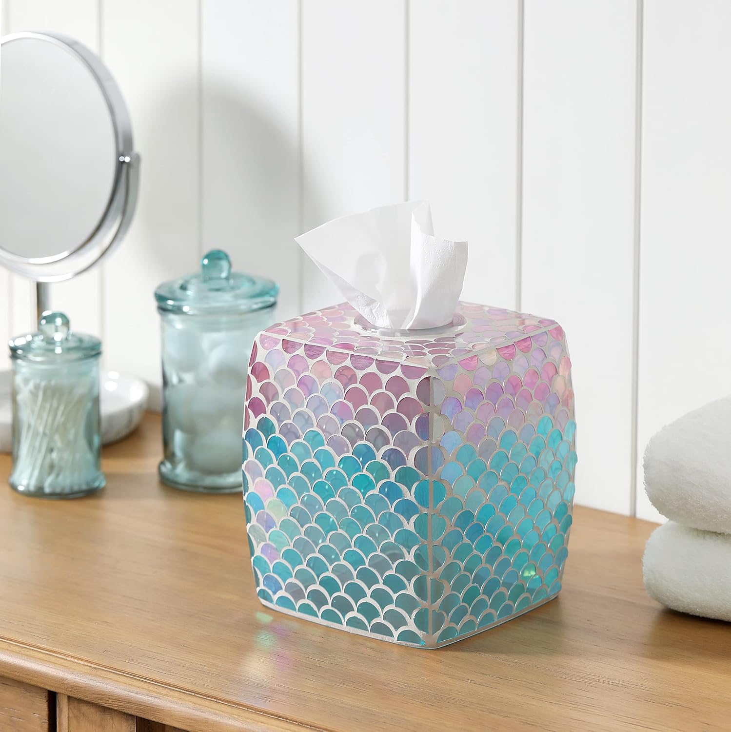 Glass Tissue Holder, Decorative Square Tissue Cover Box (Mermaid)