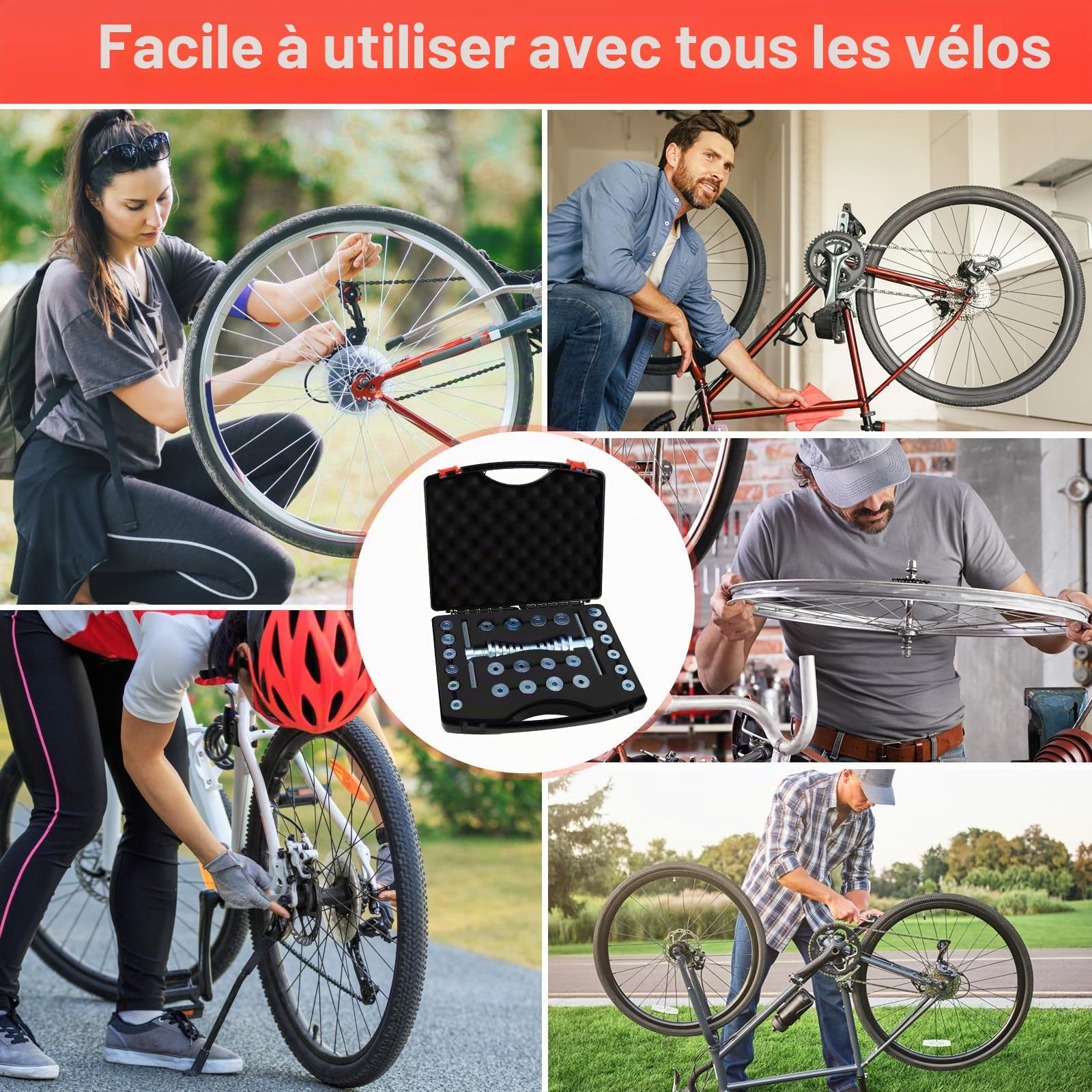 Kit De Presse À Roulement De Vélo,Ensembles D'Outils De Roulement De Vélo,avec Boîte De Rangement,en Alliage D'Aluminium,Extracteur Roulement pour Vélo