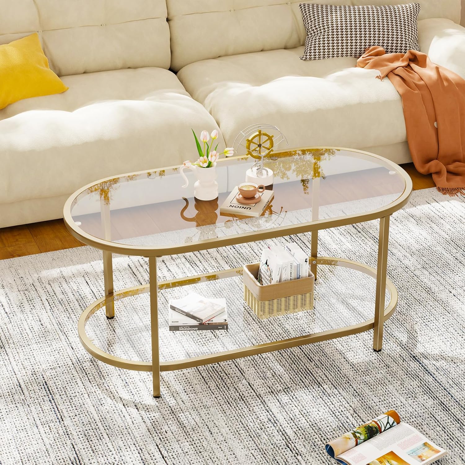 coffee table gold oval glass table for living room,2 tiers oval center table with sturdy metal frame, modern tempered glass tables for bedroom living room home office