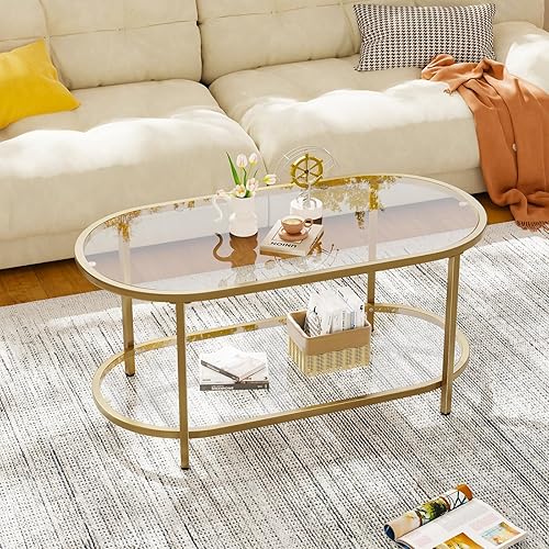 Mesa auxiliar de cristal dorado para sala de estar, mesa central ovalada de 2 niveles con marco de metal resistente, mesa moderna de vidrio templado