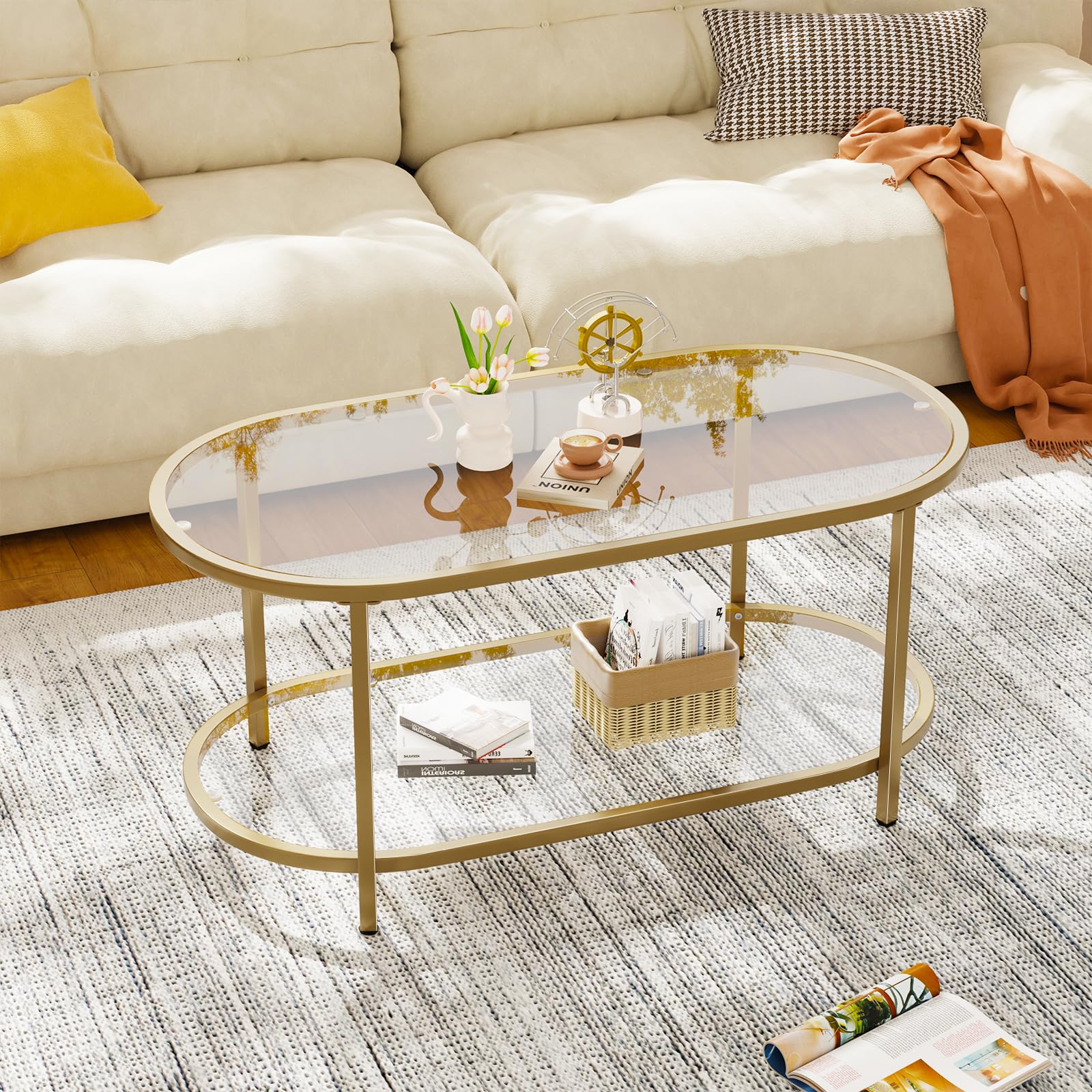 Wolawu Coffee Table Gold Oval Glass Table for Living Room,2 Tiers Oval Center Table with Sturdy Metal Frame, Modern Tempered Glass Tables for Bedroom