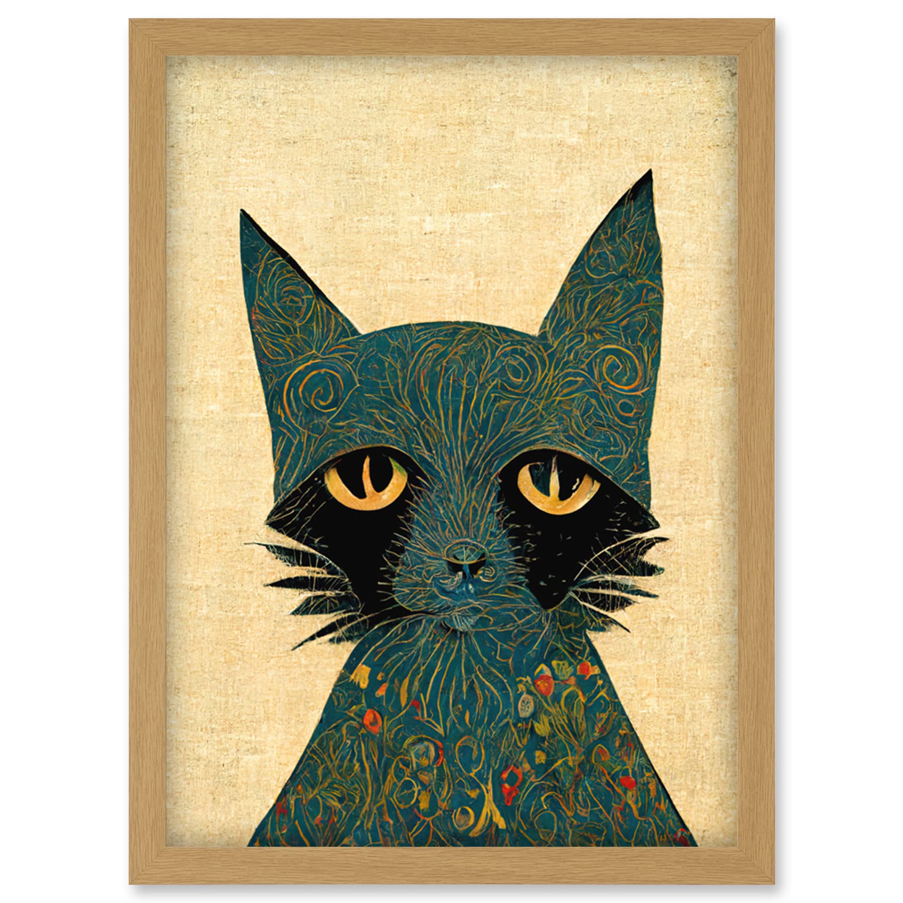 William Morris Style Floral Blue Cat Artwork Framed Print - A4 Size - Artery8