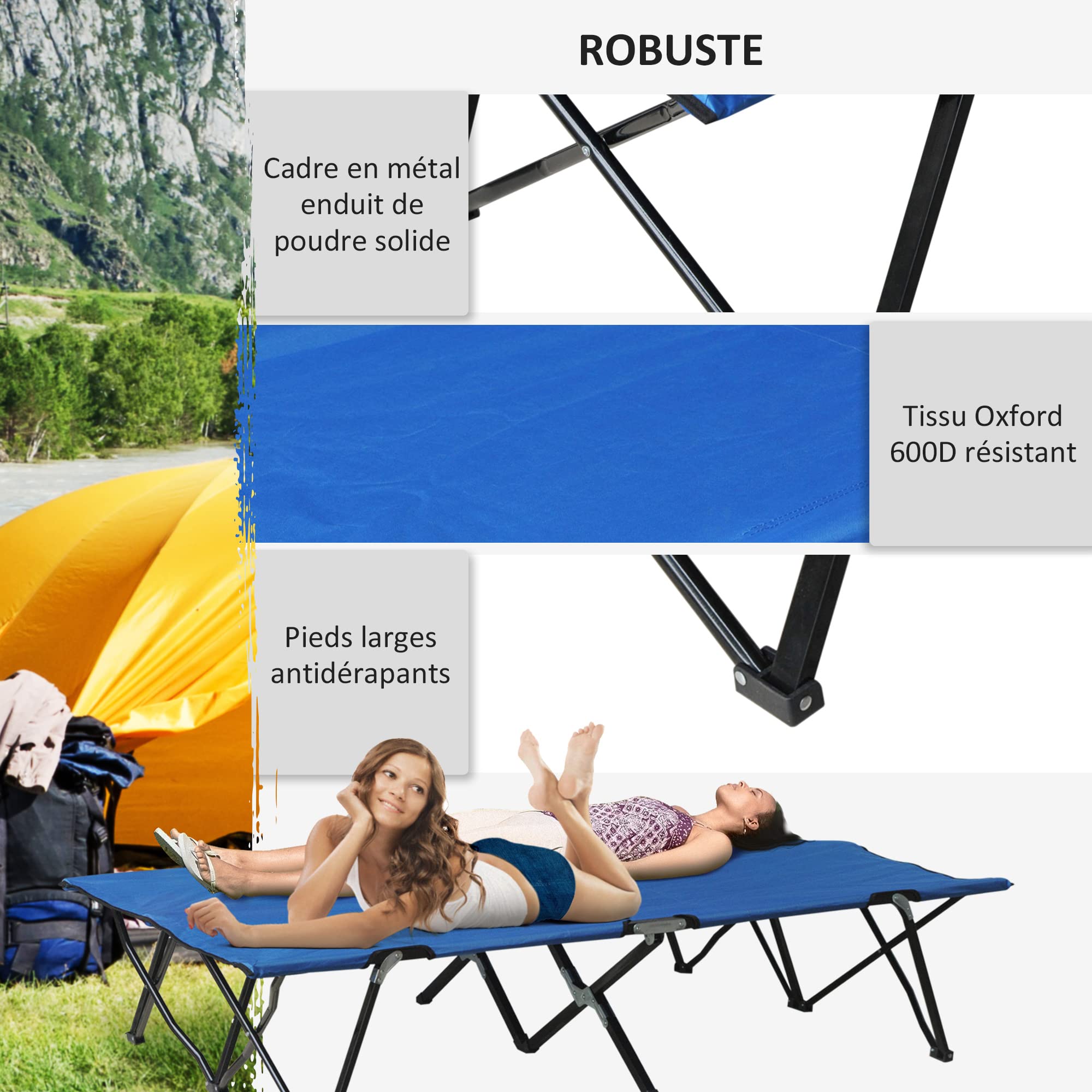 Outsunny Lit de Camp Pliable Double 2 Personnes jusqu'à 136 kg 193 x 125 x 40 cm Polyester Oxford métal