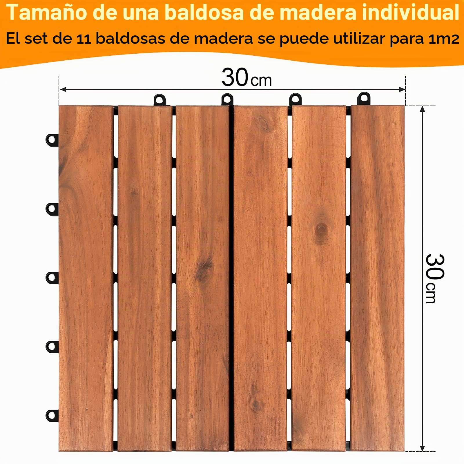 Randaco Baldosas de madera de acacia, 30 x 30 cm, juego de 11 baldosas, 1 m², baldosa de balcón con drenaje para exteriores, jardín, terraza, azulejos de jardín