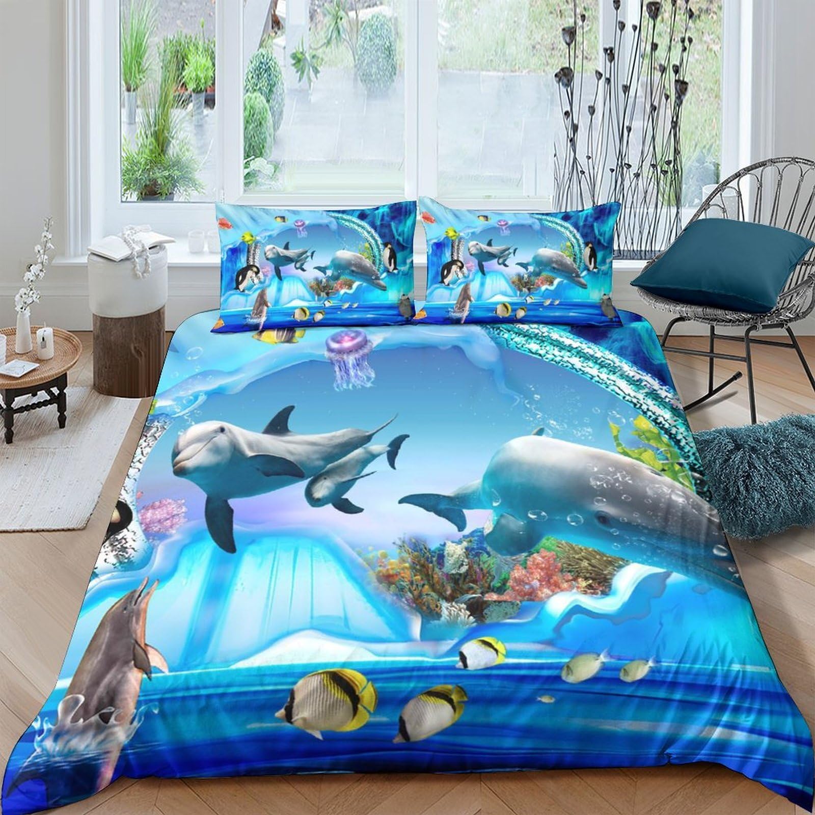Ctjqhvkz Style-5 3D Printed Ocean Dolphin Fitted Sheet Microfiber Soft Blue Underwater Mattress Cover For Bedroom Dorm Decor Single（135X200cm）