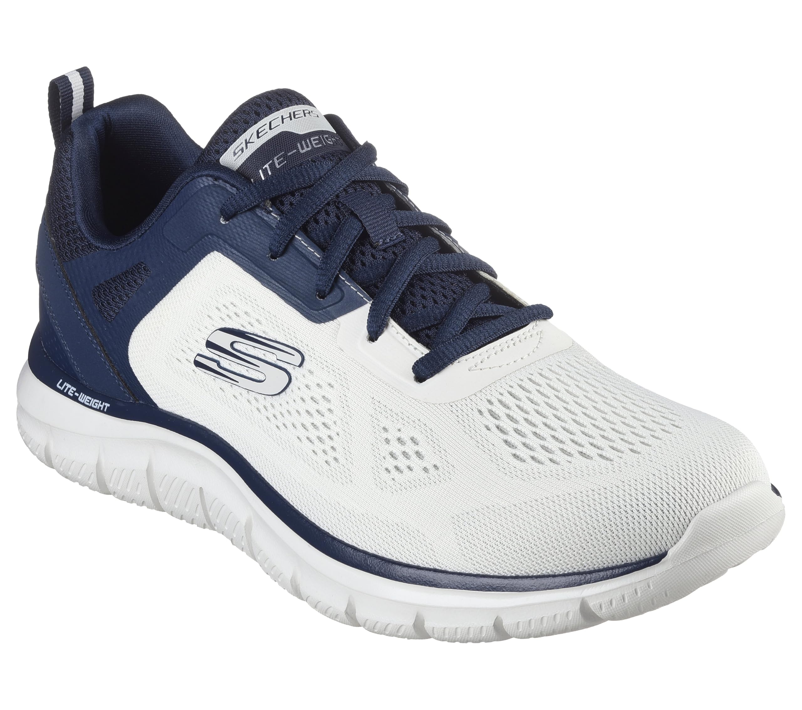 Skechers Traccia più Ampia, Sneaker Uomo, Finiture Blu Navy in Maglia di Poliuretano con Ingegnerizzazione Bianco Sporco, 45.5 EU