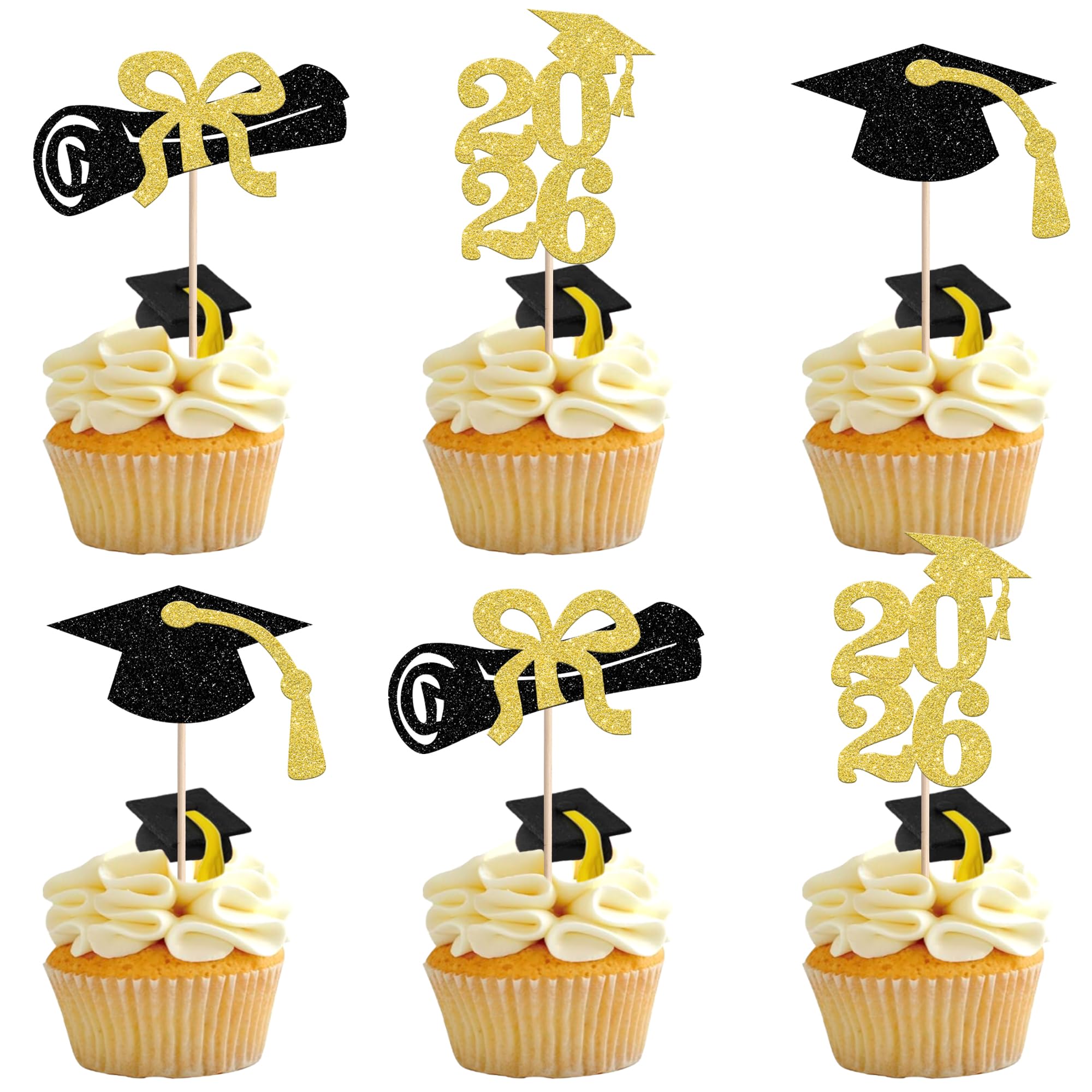 Xsstarmi 36 Pack 2026 Graduation Cupcake Toppers Glitter Grad Cap Diploma Class of 2026 Cupcake Picks Decorations for 2026 Graduation Theme Party Cake Decorations Gold