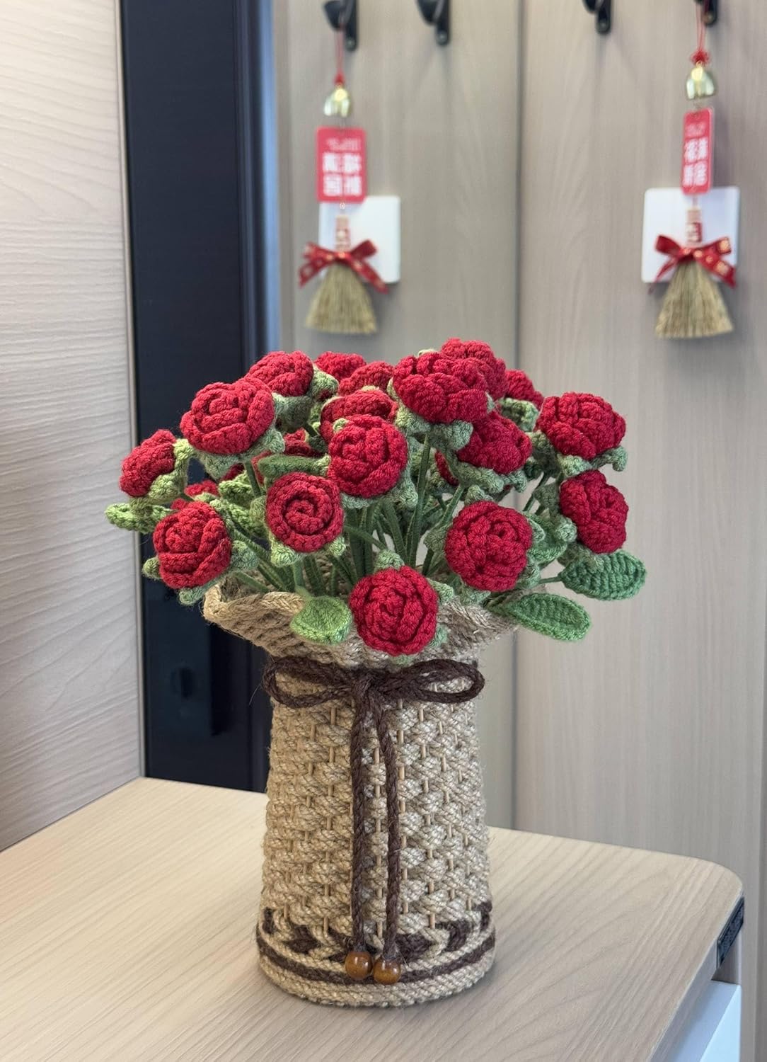 THREEBOY Crochet Red Roses Artificial Flowers Bouquet with Knitted Flower Vase Mothers Day Valentines Gifts Office Desk Decor