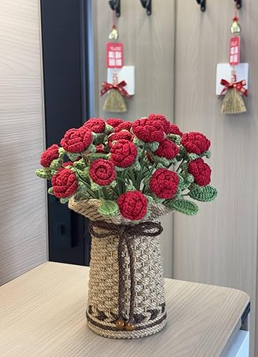 Miniatura 2 de THREEBOY Ramo de flores artificiales de ganchillo de rosas rojas con florero de punto para el Día de la Madre, San Valentín, decoración de