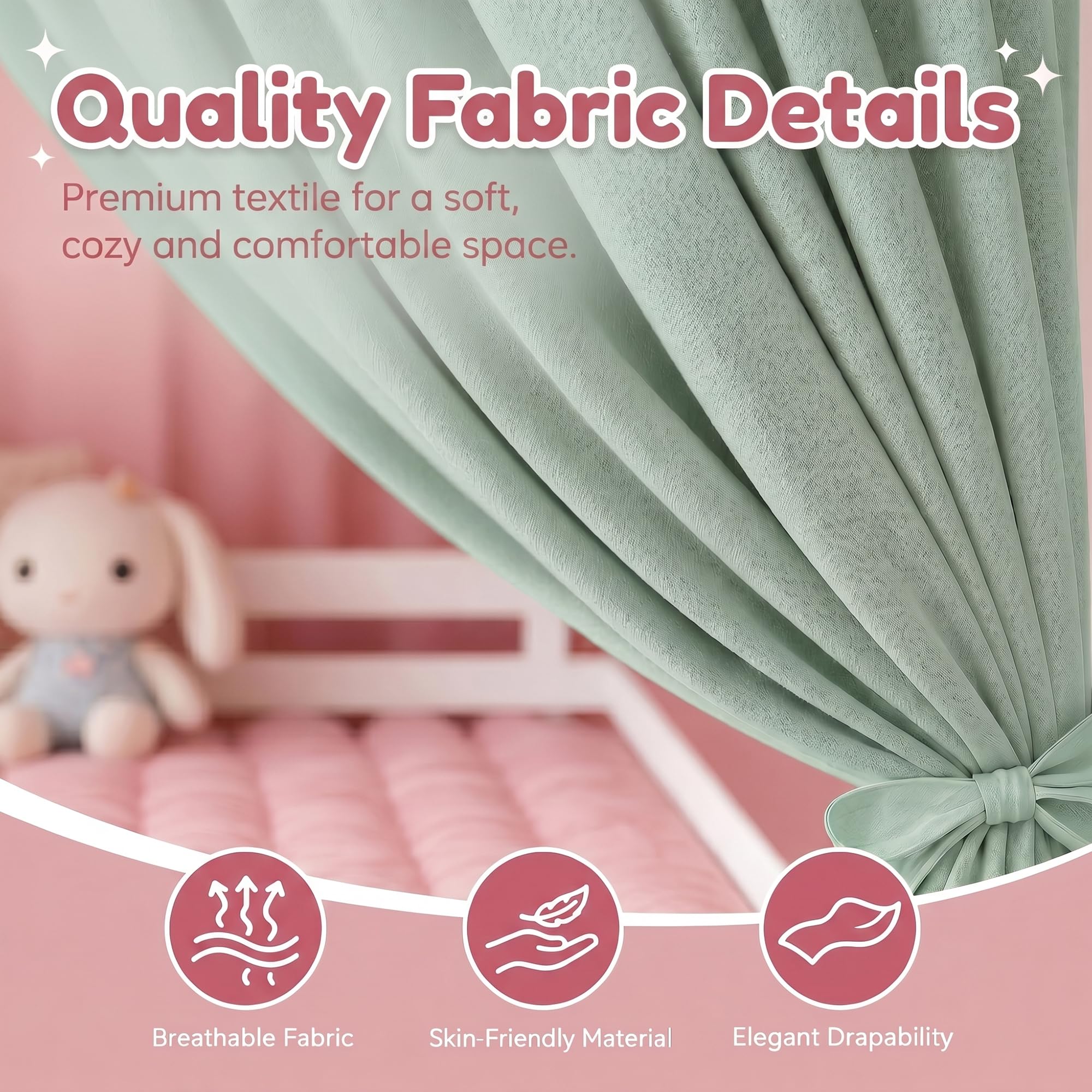 RANJIMA Hausbett Himmel,2 Stück Betthimmel Hausbett aus Musselin, Betthimmel Kinderbett Stoffhimmel für Hausbett Mädchen Jungen Baldachin Kinderzimmer Deko Vorhang Set für Kinderbett 67 x 270 cm Grün