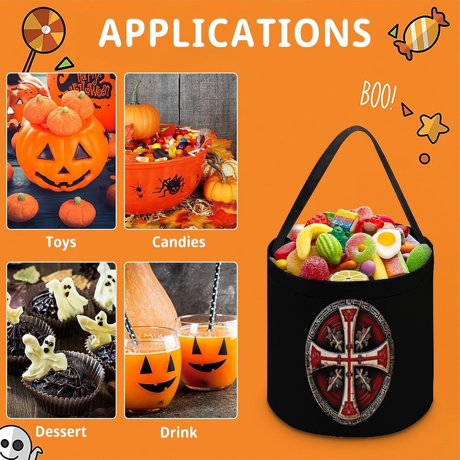 Knights Templar Crosses Halloween Treat Bag Reusable Candy Basket Tote Goody Bags Gift Party