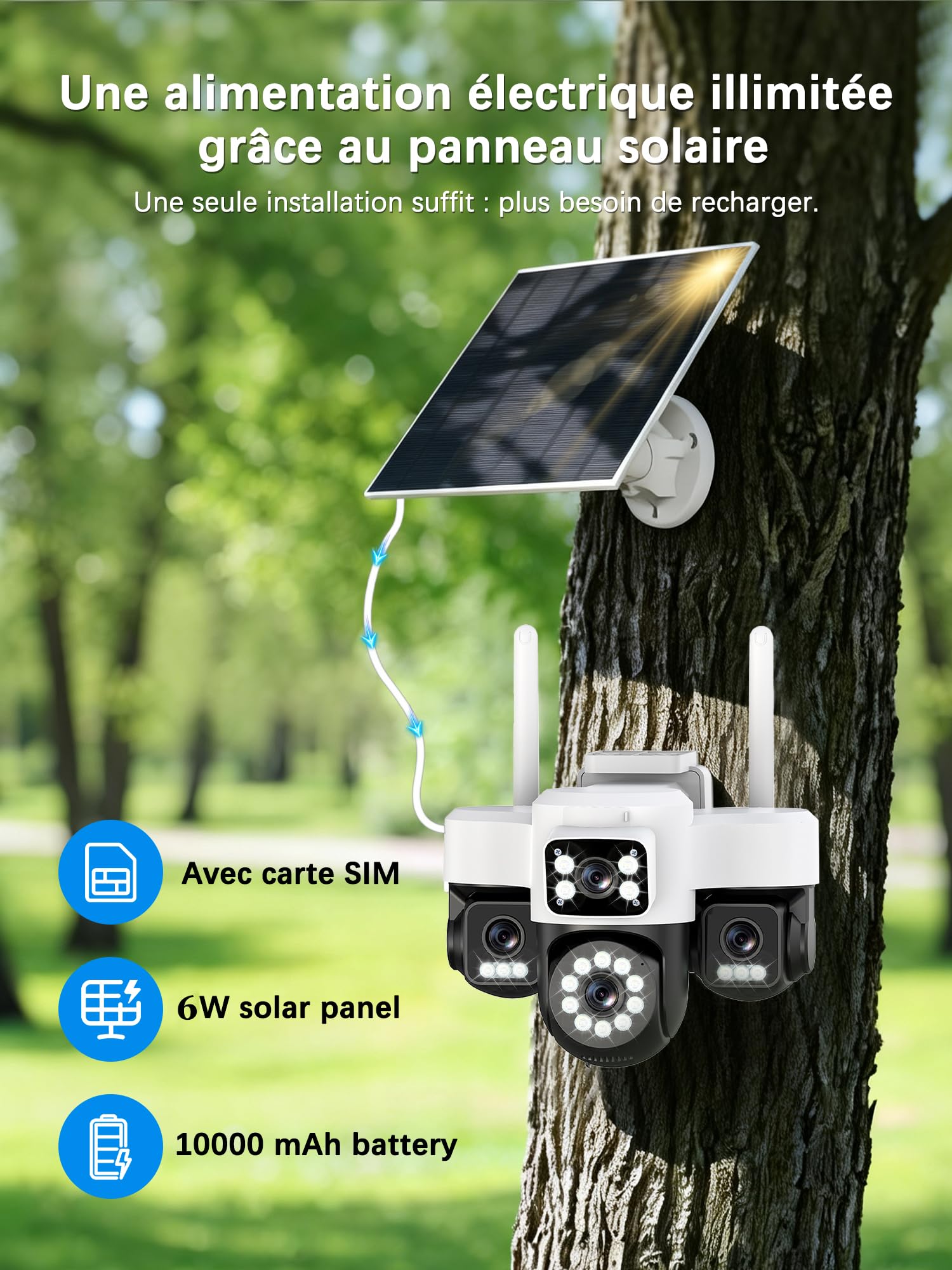 4G Camera Surveillance Exterieure sans Fil,AOV 24/7,Quatre objectifs/Camera Solaire/Batterie,4K caméras de Surveillance avec Carte SIM,Vision Vocturne,Alarme,Audio Bidirectionnel,Suivi Automatique