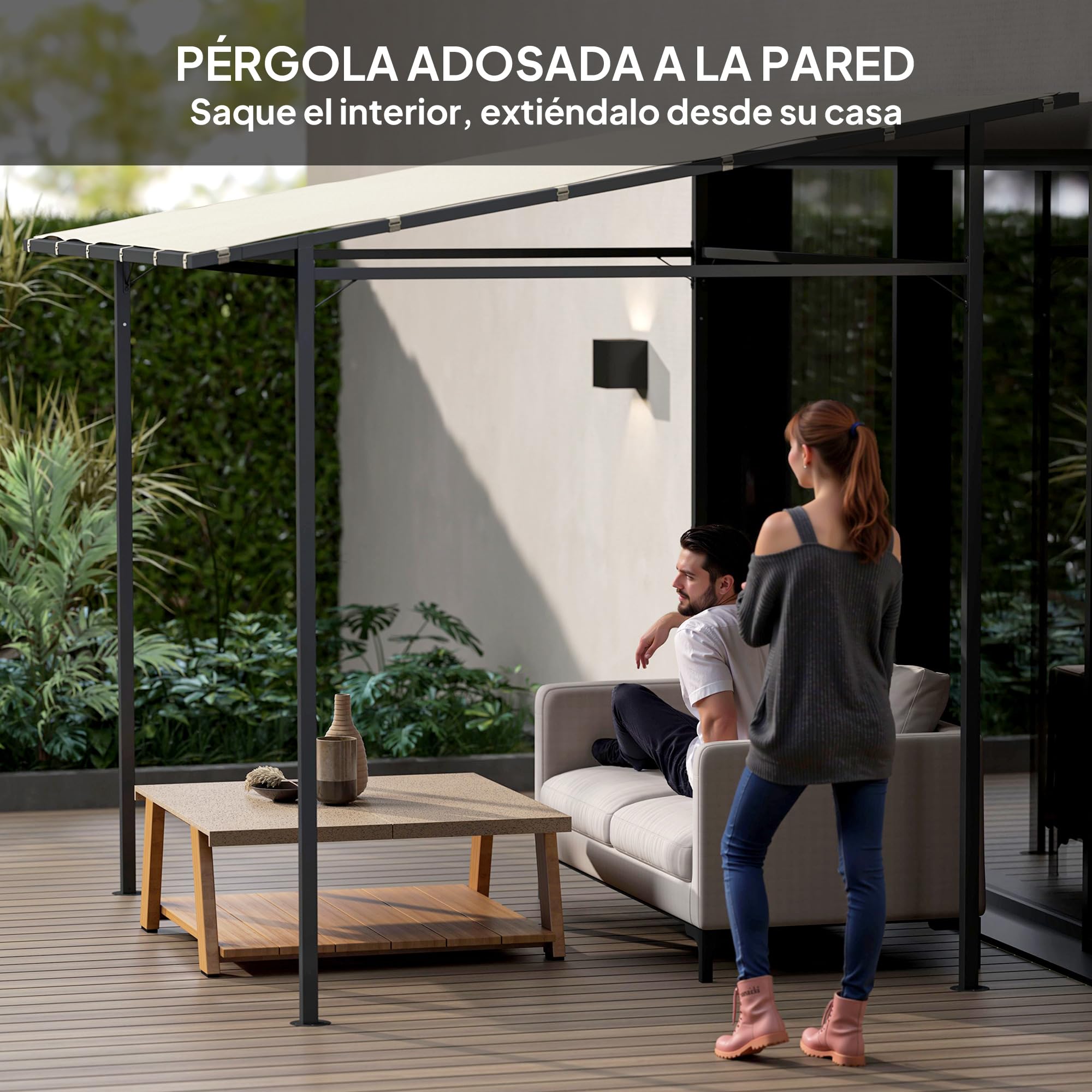 Outsunny Pérgola de Pared 2,4x2,4 m Cenador de Jardín Protección UV 30+ con Techo Inclinado Impermeable y Marco de Metal para Terraza Patio Balcón Crema