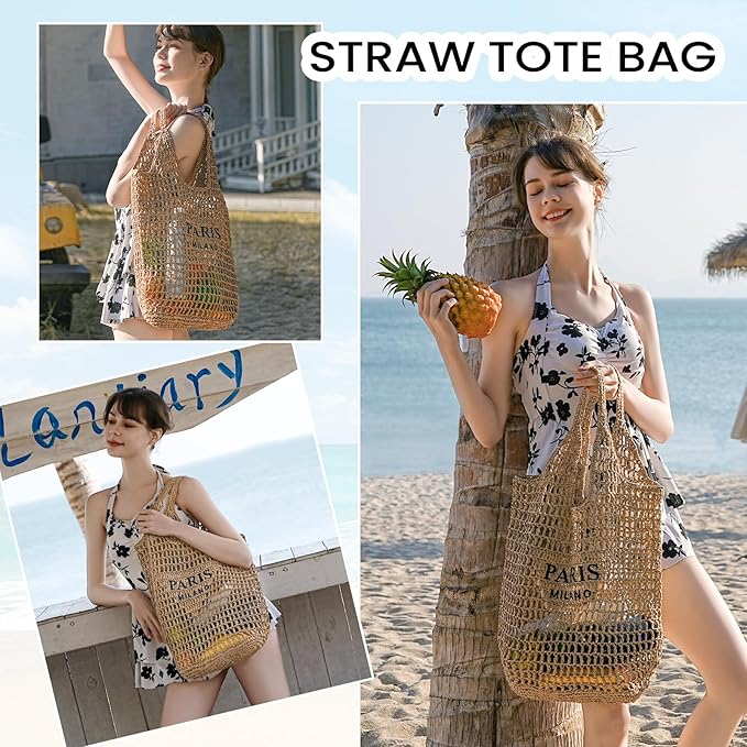 Bolso de playa tejido para mujer, color beige miniatura 6