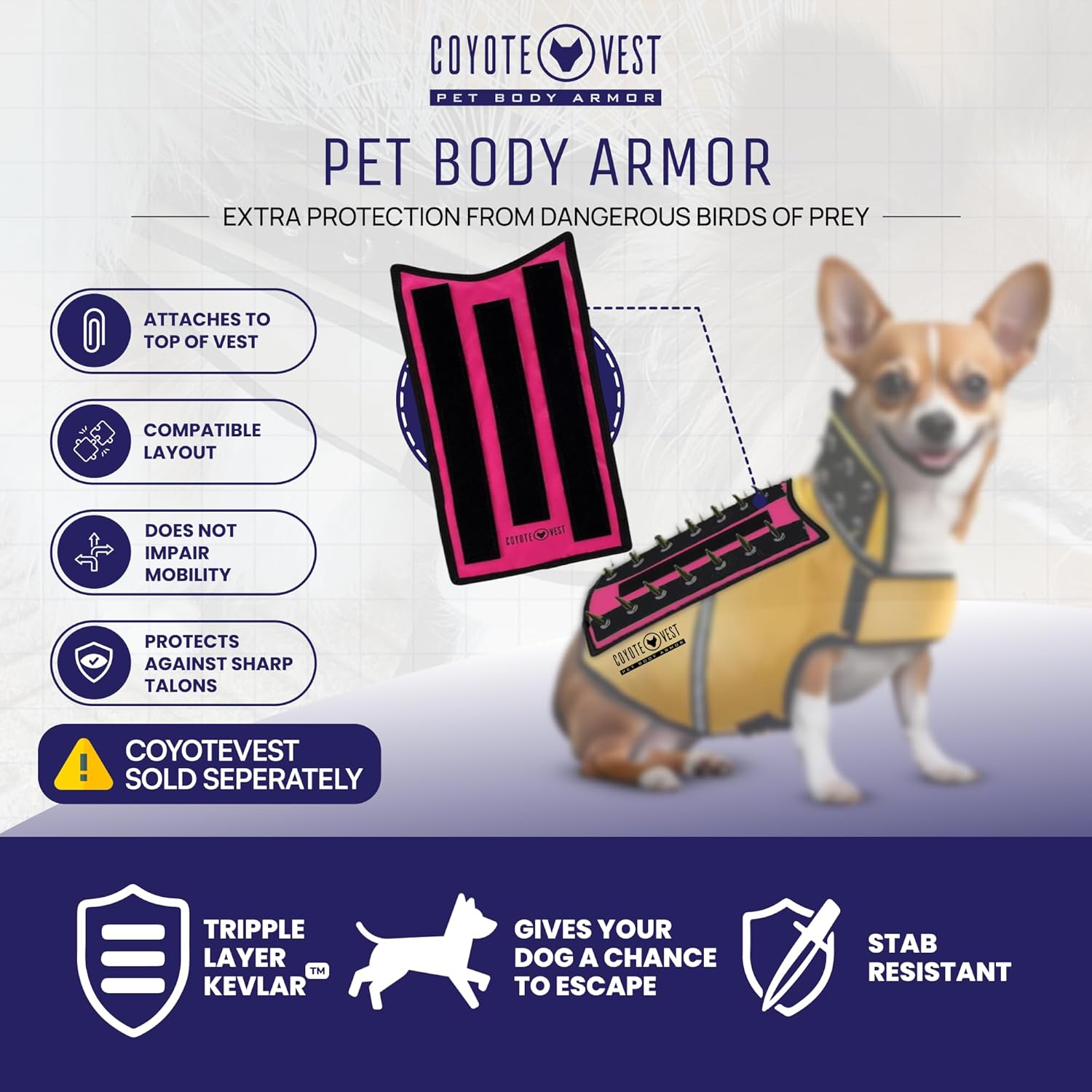 CoyoteVest SpikeVest Dog Harness Vest with Spikes & HawkShield Pad Bundle- Protective Dog Vest with Kevlar Shield for Dogs, Anti-Hawk, Raptor & Predator Safety Armor, Made in USA (Small-Pink)