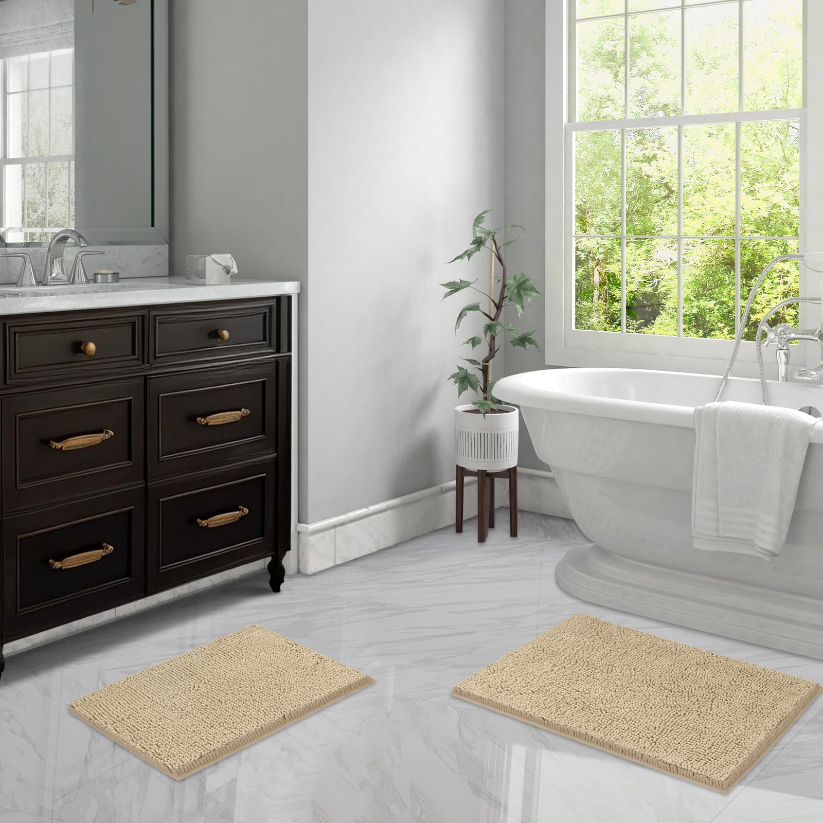 LINLA Juego de 2 alfombras de baño de felpilla suave, absorbente, antideslizante, de secado rápido, lavable, para suelo, bañera y ducha, 32 x 20 pulgadas, 24 x 17 pulgadas, color beige