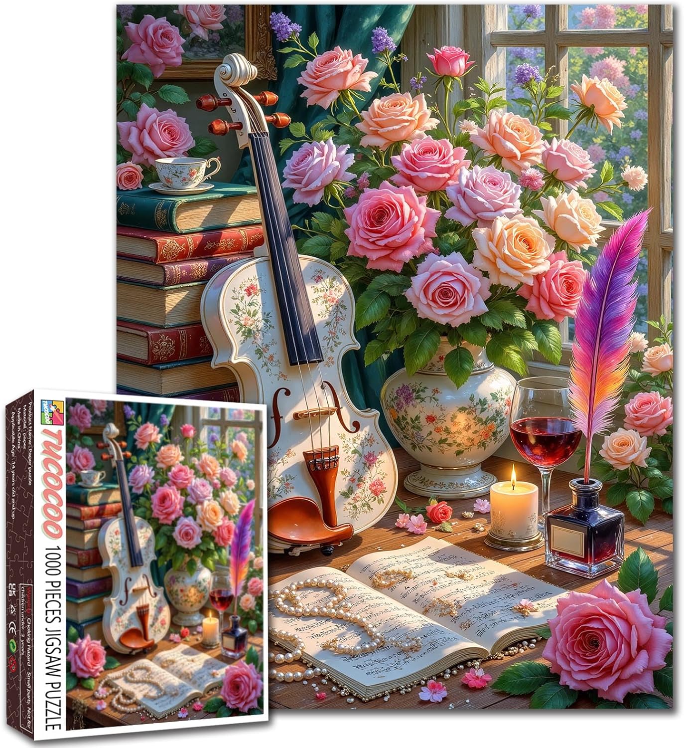 Flower Guitar Jigsaw Puzzles for Adults Study Room 1000 Piece Puzzles for Adults Vintage Books Plant Art 1000 Pieces Jigsaw Puzzle for Family Game
