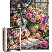 Flower Guitar Jigsaw Puzzles for Adults Study Room 1000 Piece Puzzles for Adults Vintage Books Plant Art 1000 Pieces Jigsaw Puzzle for Family Game