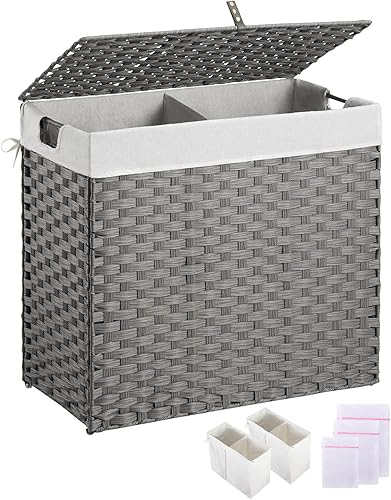 Miniatura 20 de Greenstell Cesta para la ropa sucia con 2 bolsas de forro extraíbles, cesta para ropa dividida de 90L, cesta de lavandería plegable de ratán Blanco