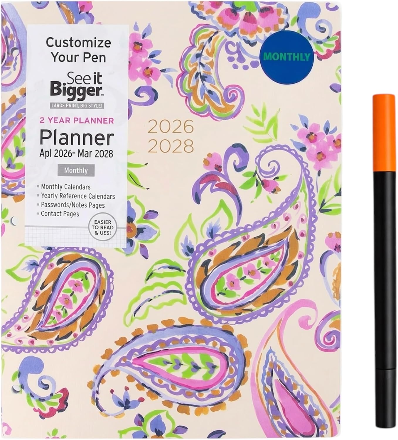 PlanAhead See It Bigger Home/Office 2-Year Medium Monthly Planner, April 2026 – March 2028, 11.5 x 8 Inches and Customizable Twin Pen (Floral)