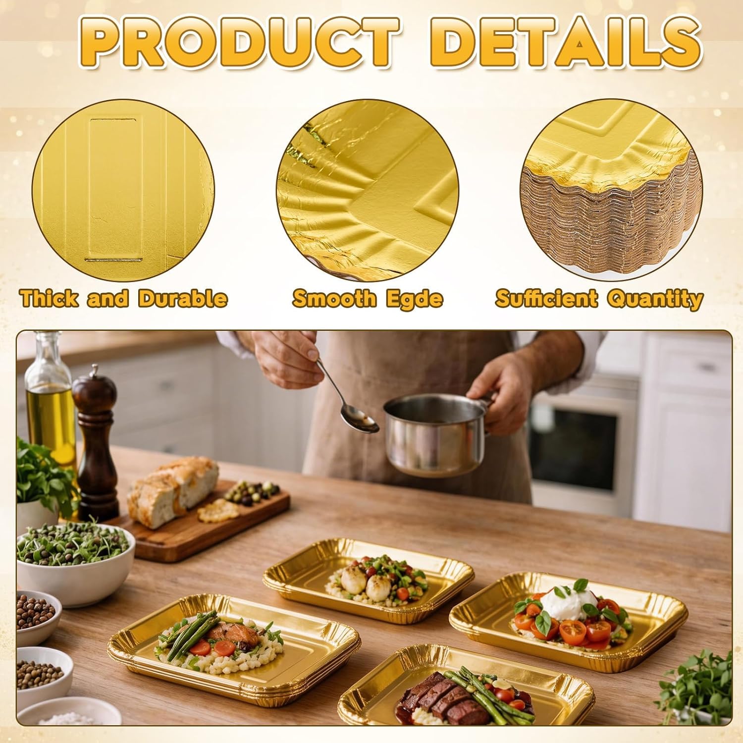 30 Pack Gold Paper Plates Gold Rectangle Serving Trays Disposable Paper Cardboard Platters Food Appetizer Foil Trays for Cupcake Display Dessert Table Decor Birthday Wedding Party Supplies 14x10 Inch