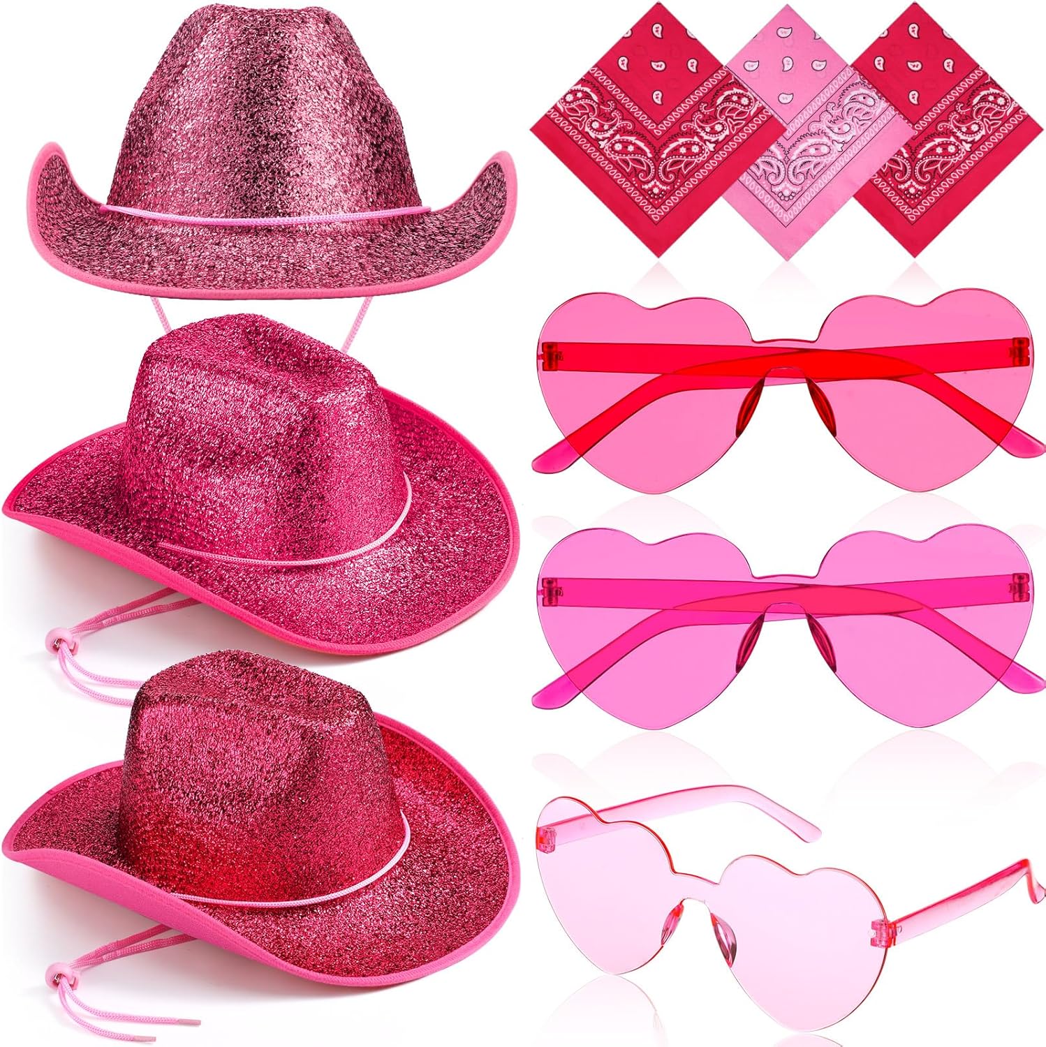 Geyoga 9 Pcs Adult Cowboy Hat with Paisley Bandanas and Heart Shape Sunglasses for Western Cowgirl Party Costume