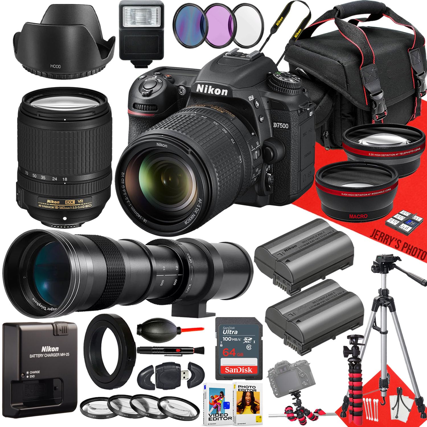 Nikon D7500 DSLR Camera with 18-140mm f/3.5-5.6G ED VR Lens and 420-800mm Lens + 64GB Memory + Extra Battery + Slave Flash + Filters + Tripod + More (32pc Bundle)