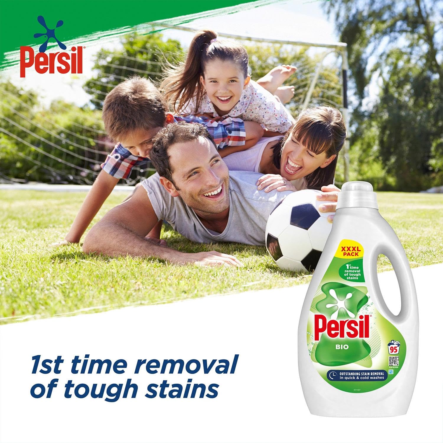 Persil XXXL Waschflüssiges Waschmittel, hervorragende Fleckenentfernung, schnelle und kalte Wäsche, stark zu Flecken, sanft zu empfindlicher Haut, 95 Waschgänge, 4er-Pack, 2,565 Liter (Bio)