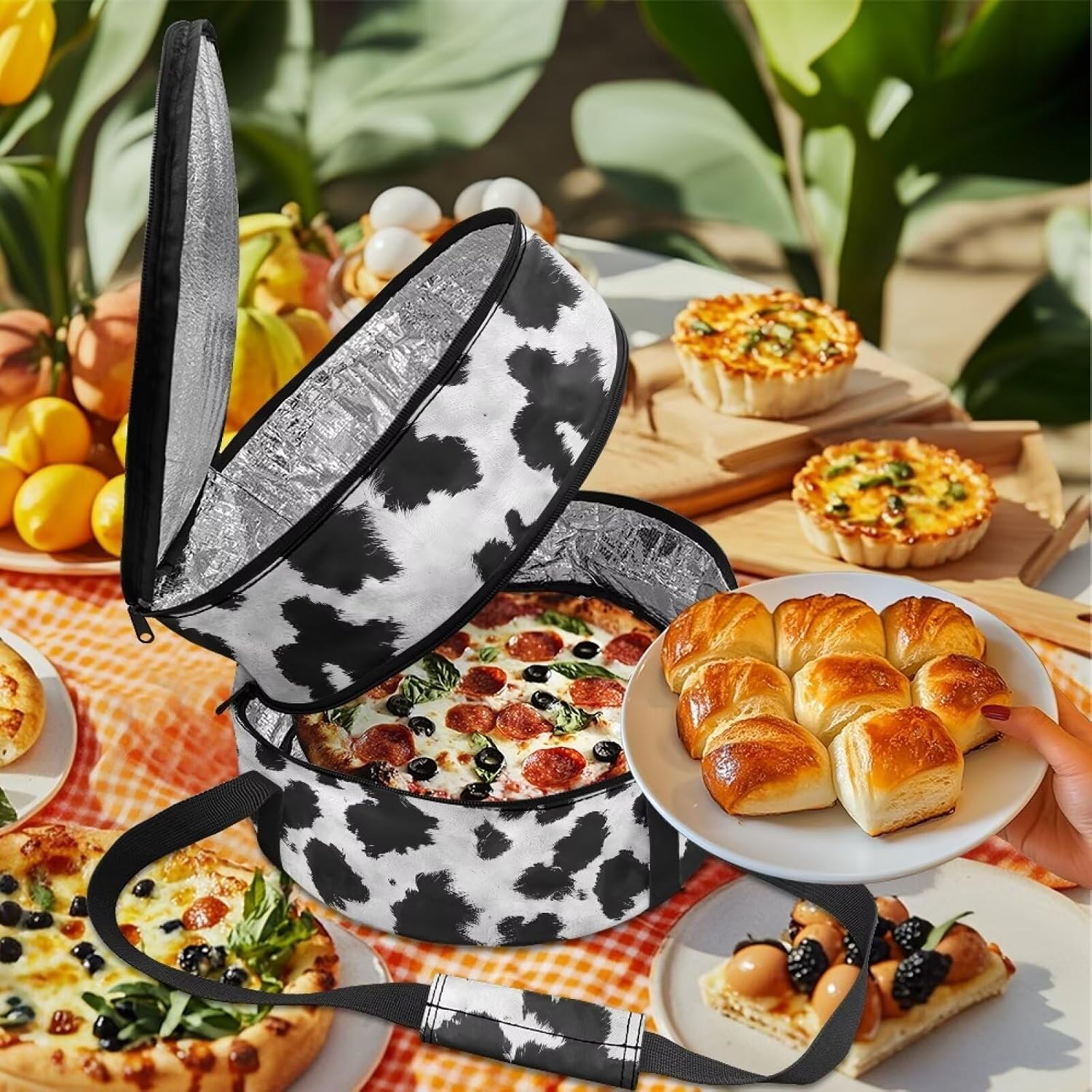 Cowhide Print Round Casserole Carrier Fits 9"x13" Baking Dish Double Casserole Zippered Insulated Travel Carry Bag for Hot or Cold Food Insulated Baking Dish Bag