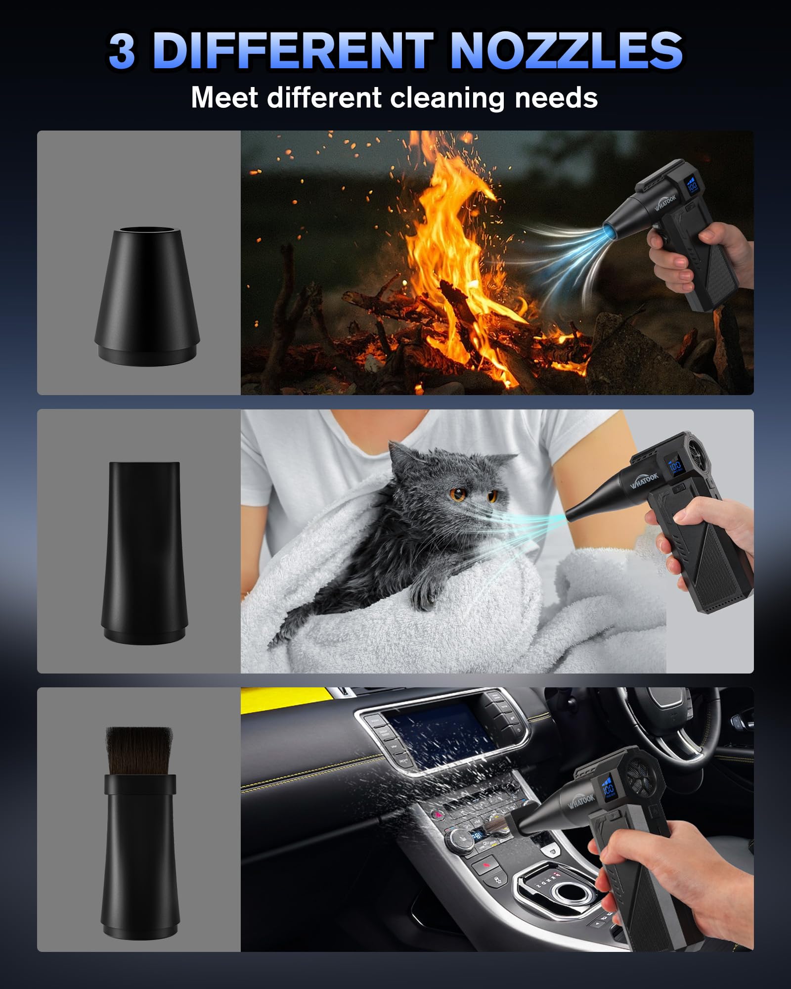 WHATOOK Souffleur Air Comprimé：250000 TR/Min Souffleur PC, Bombe Air Sec - Nettoyage PC avec Affichage LED, Plumeau Air Comprimé à 3 Vitesses pour PC Duster pour Nettoyage PC, Maison, Canapé, Voiture