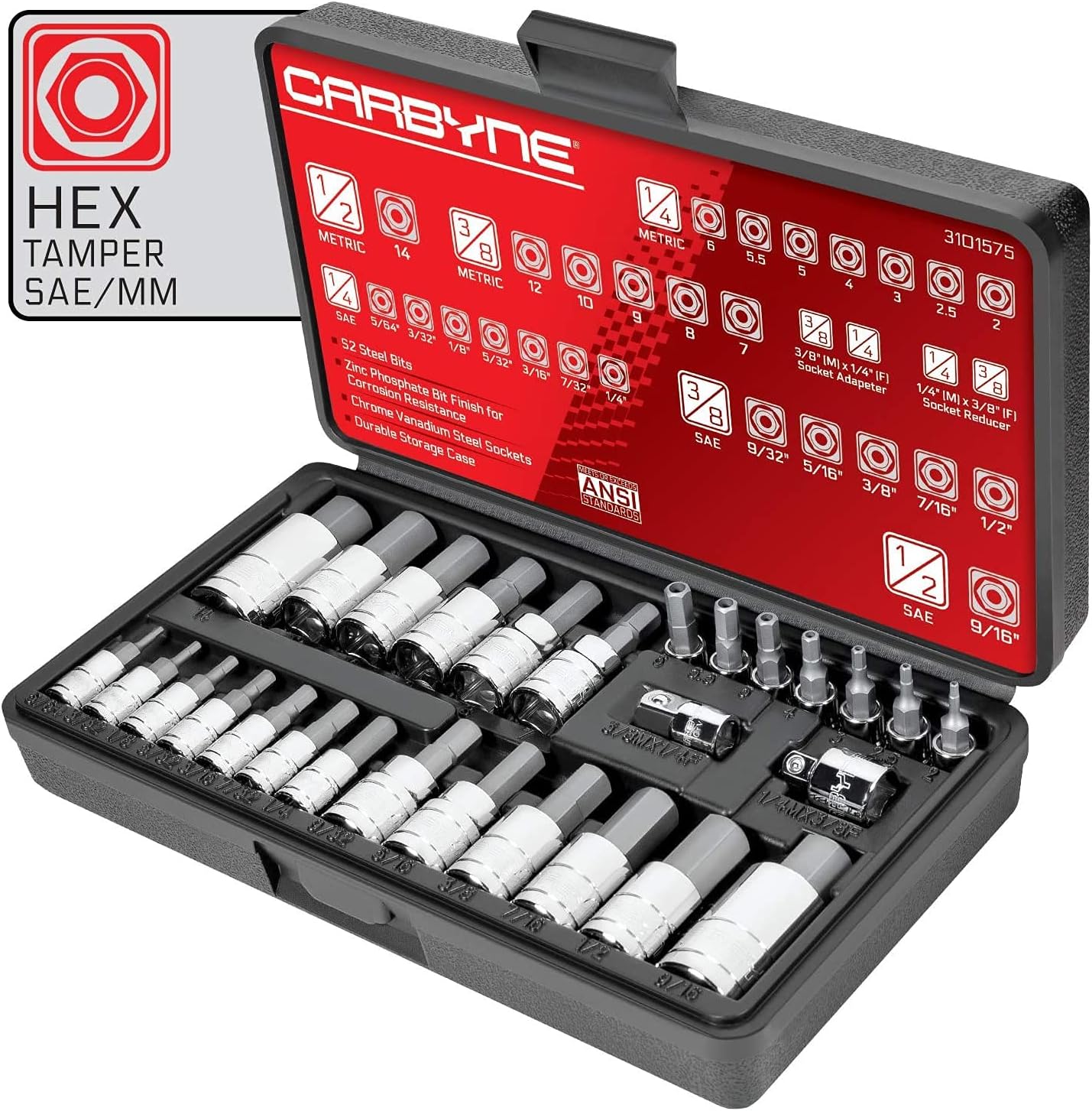 - CARBYNE 28-Piece Tamper-Proof Hex (Allen) Bit Socket Set, SAE and Metric, 5/64 in. to 9/16 in. and 2mm to 14mm, S2 Steel, CrV Sockets, 1/4 3/8 1/2 in. Drive, Durable Case