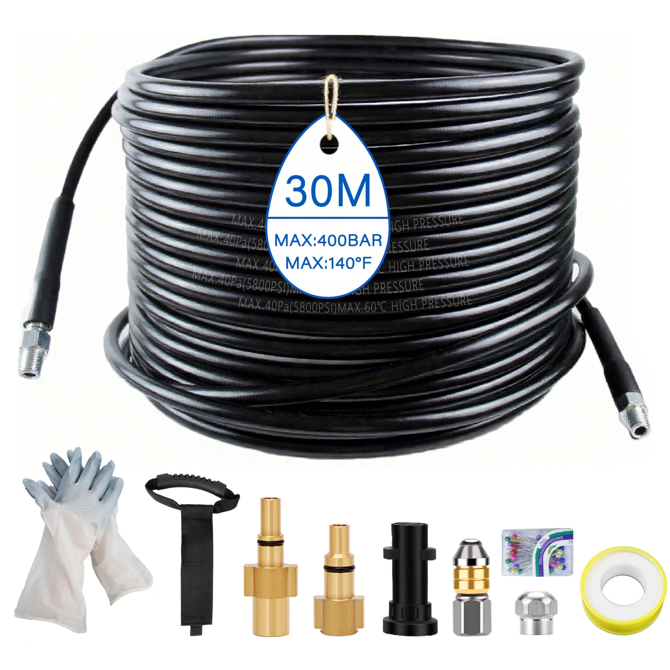 30 m Universal Pipe Cleaning Hose Set, 5800 PSI/400 Bar, Pipe Cleaner Premium Set with Adapter and Nozzles and Gloves, Compatible with Kärcher K2-K7, Lavor, Bosch Pressure Washer-image-46