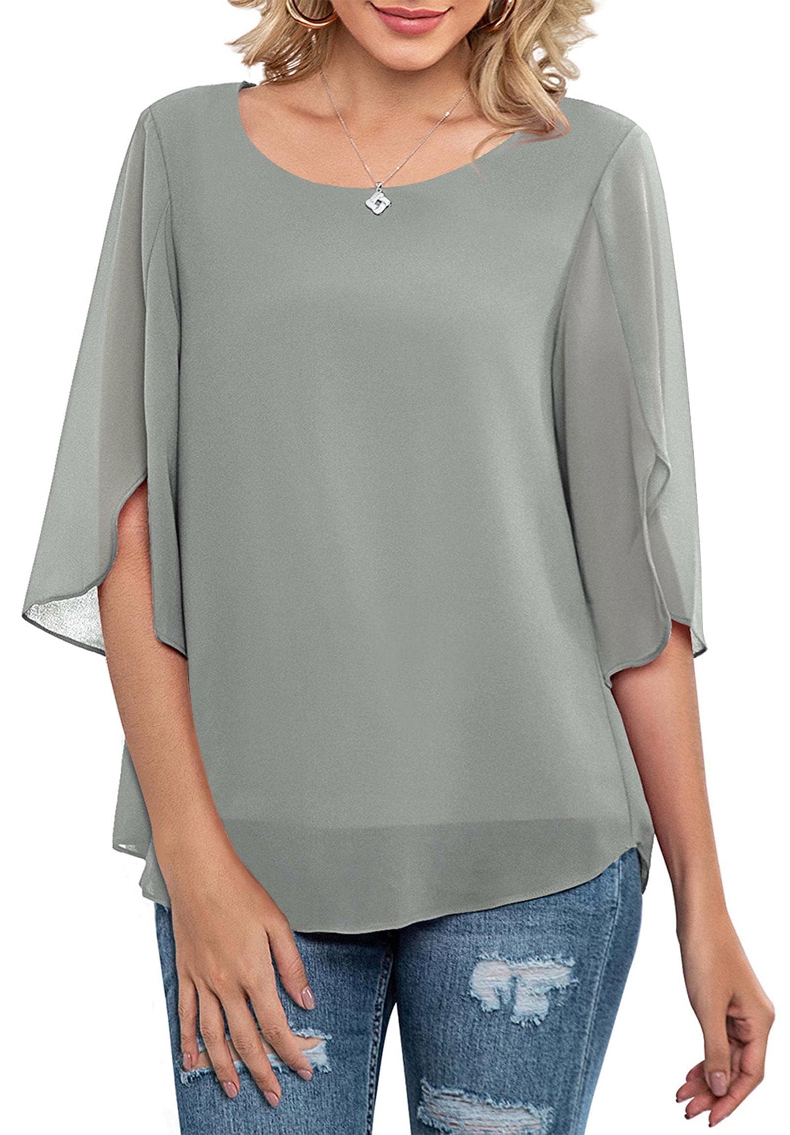 Neineiwu Damen Chiffon Tunika Lässig Rundkragen 3/4-Ärmeln Bluse Mesh Fließende Shirts Loose Fit Oberteile