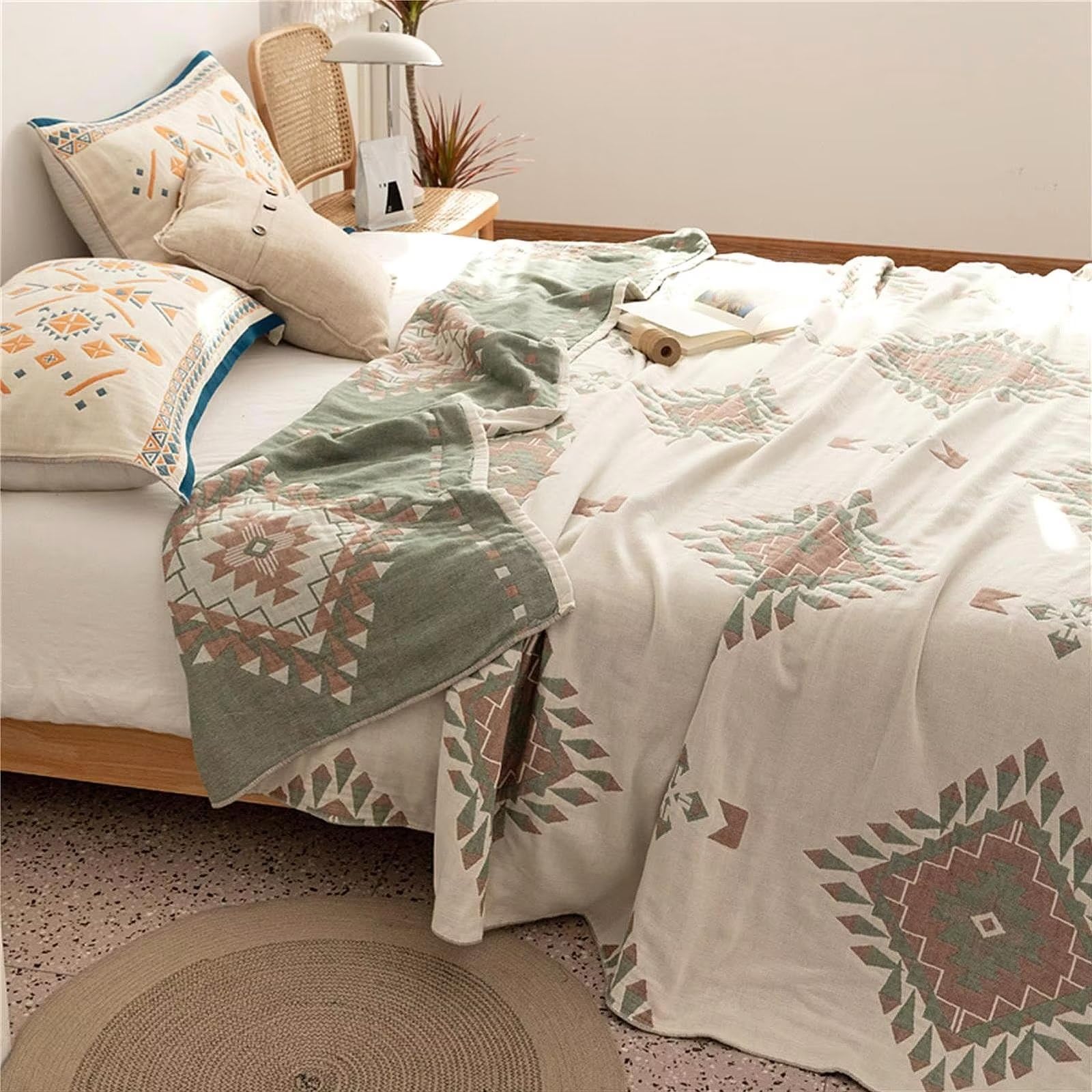 Boho Tagesdecke Doppelseitig Decken 100% Baumwolle Gewebte Decke 200x230cm, Musselin Überwurf Beige Kuschelig Weiche Bettüberwurf TV-Couchdecke Sesseldecke Wendedecke Baumwolldecke Kuscheldecke