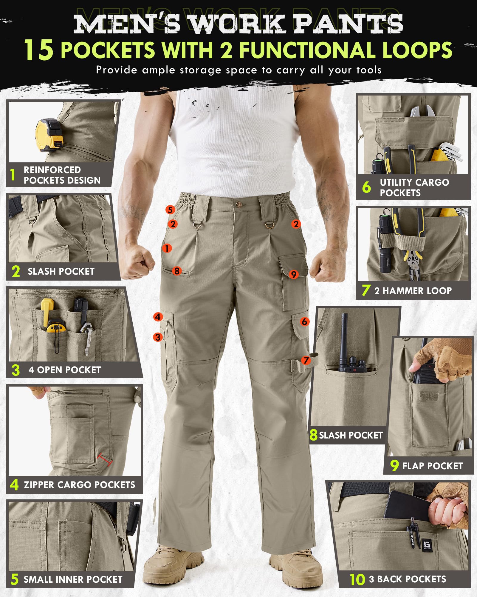 IGOLUMON Pantalones de trabajo para hombre con bolsillos laterales, para exteriores, resistentes tácticos