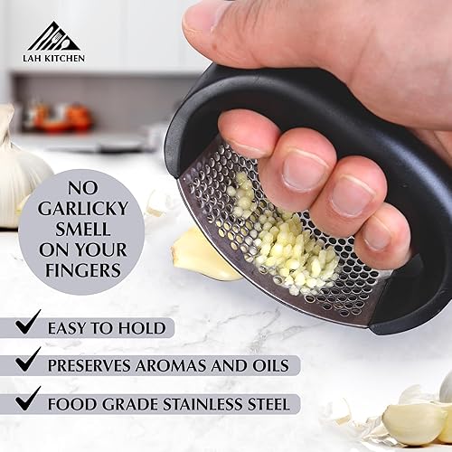 Miniatura 4 de Juego de picadora y trituradora de ajo de acero inoxidable con bolsa de cordón adicional, incluye trituradora de ajo, pelador de ajo de silicona y