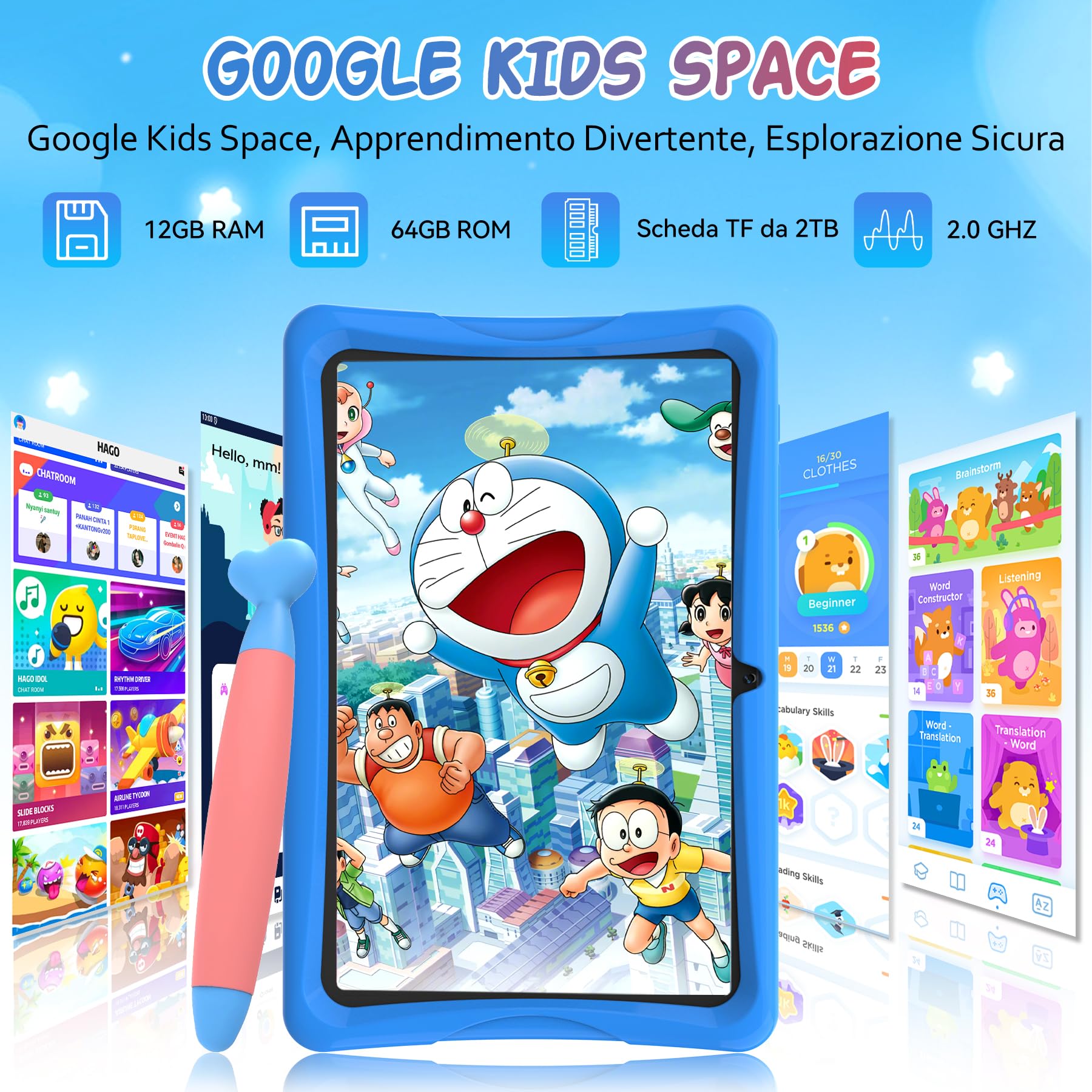 TABWEE Tablet per Bambini 10 Pollici, Tablets Android 15, 12 GB RAM + 64 GB ROM (2 TB TF), 5G WiFi, Bluetooth 5.0, 5000mAh, Controllo Genitori, Tablet Educativo per Bambini con Custodia EVE