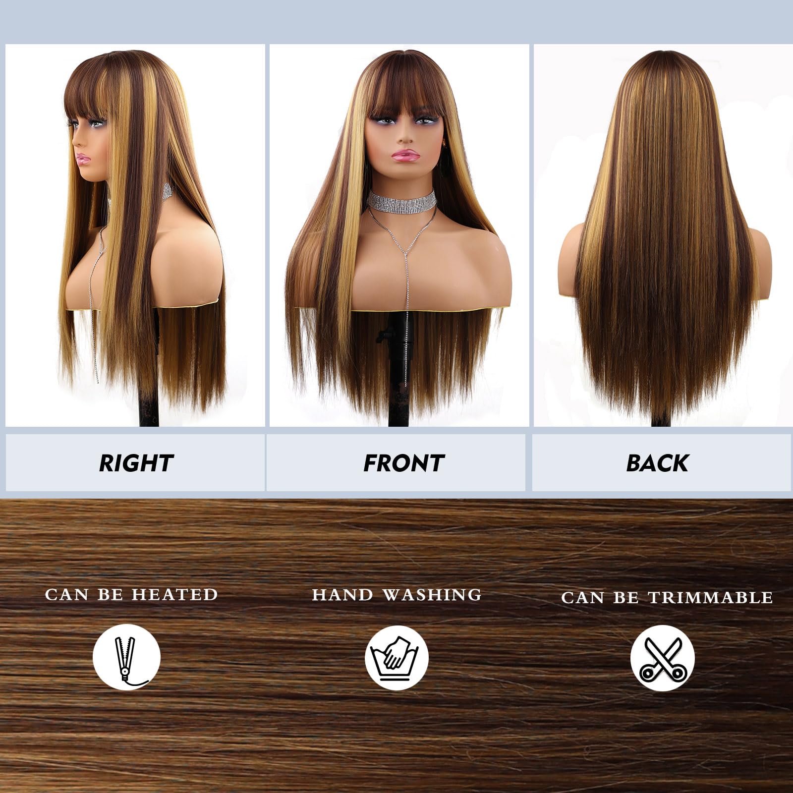- Human hair blend brown /blonde highlights wig with bang Amazon.com : XIXIBI Brown Wigs with Bangs Long Ombre Brown  main image 2
