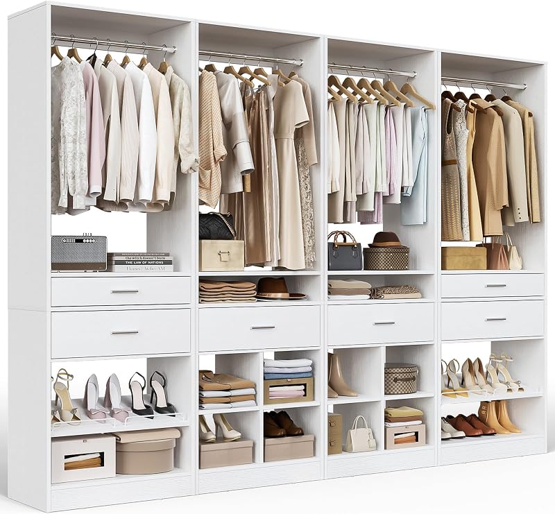 Closet System, 8.3FT Closet Organizer with 6 Wooden Drawers, Hanging Rods, Adjustable Shoe Rack and Cube Storage, Easy Assembly Wardrobe Tower, Set of 4, White