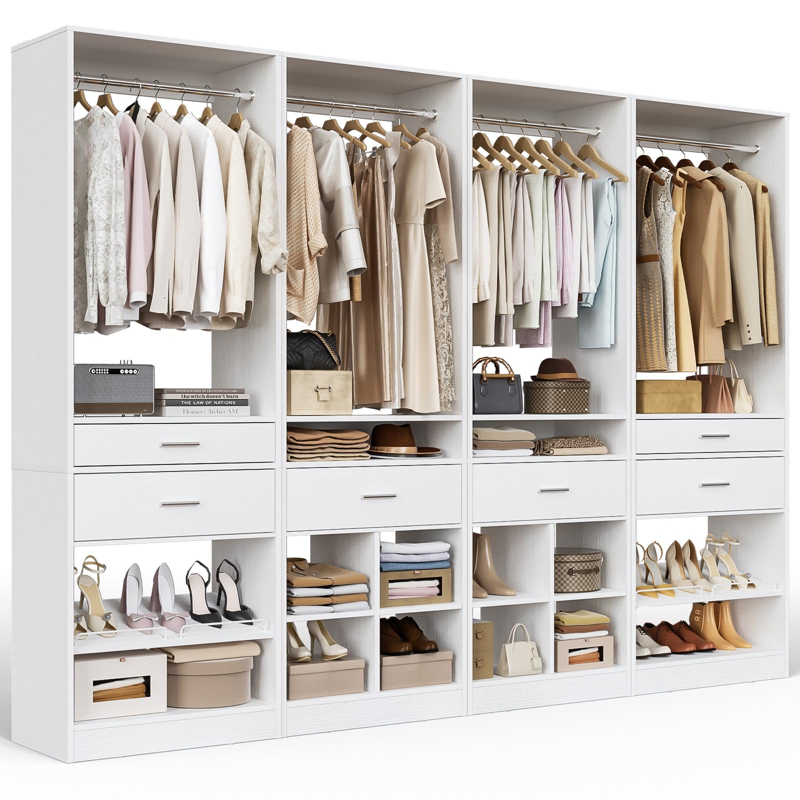 Unikito Closet System, 8.2FT Closet Organizer with 6 Wooden Drawers, Hanging Rods, Adjustable Shoe Rack and Cube Storage, Easy Assembly Wardrobe Tower, Set of 4, White