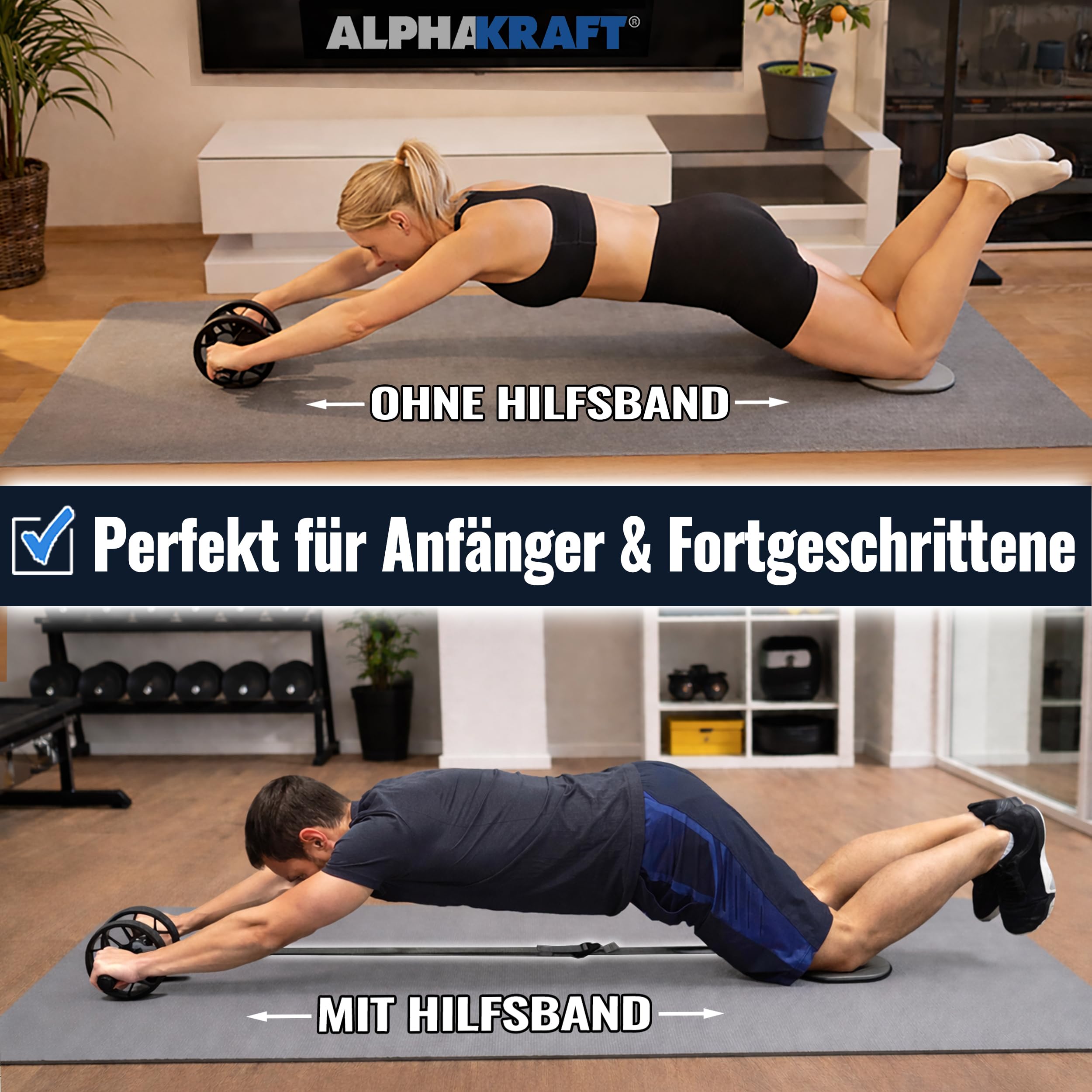 ALPHAKRAFT® Bauchroller mit Hilfsband & Knieschoner – AB Roller/AB Wheel | Bauchtrainer Roller für effektives Core-Training | Premium Bauchmuskeltrainer inkl. Trainingsplan