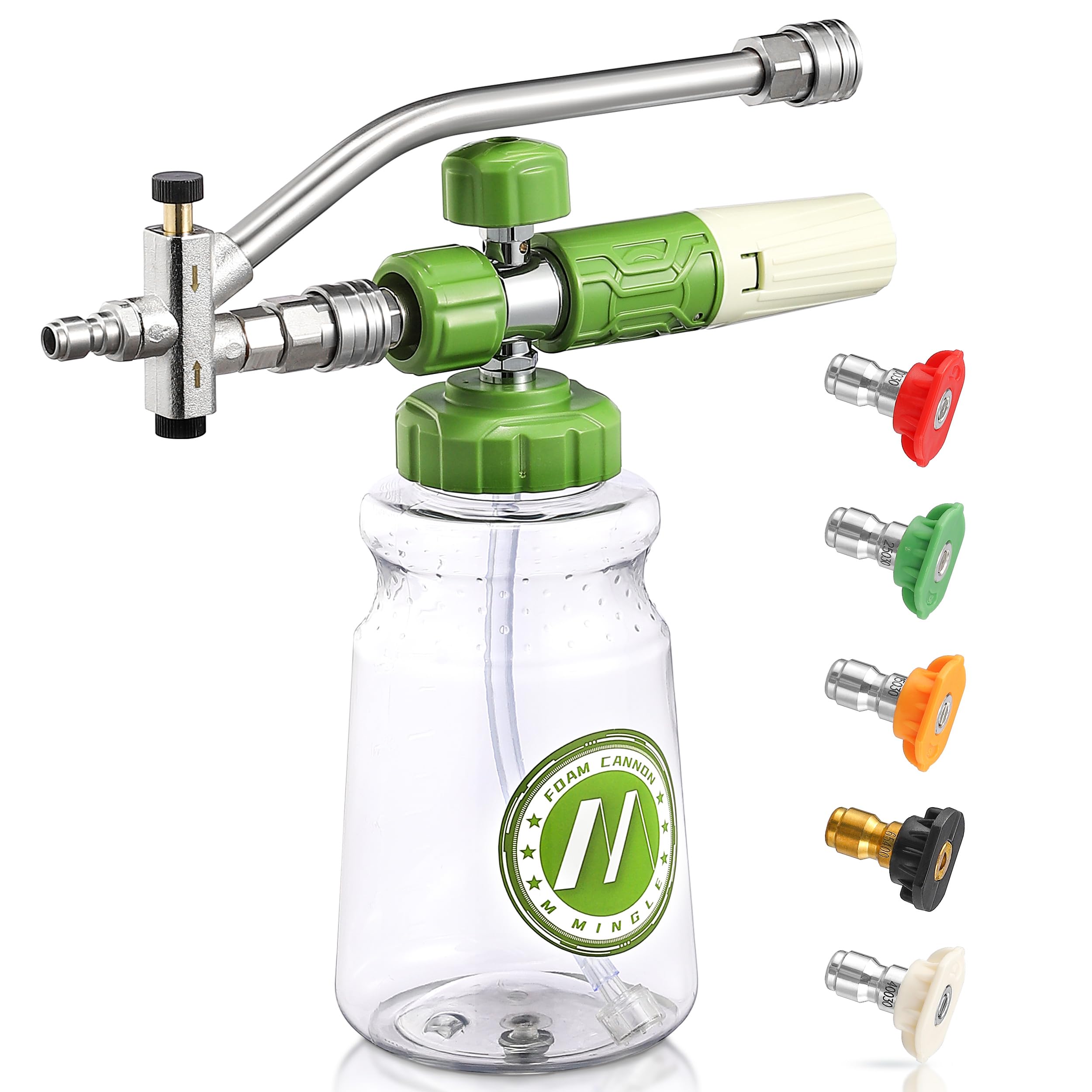 M MINGLE Canon à Mousse de Nettoyeur Haute Pression avec Double Connecteur | Lance à Mousse Réglable 1 Litre, Raccord M22-14 Démontable et Raccord Rapide 1/4", pour Nettoyage de Voiture, 250 bar