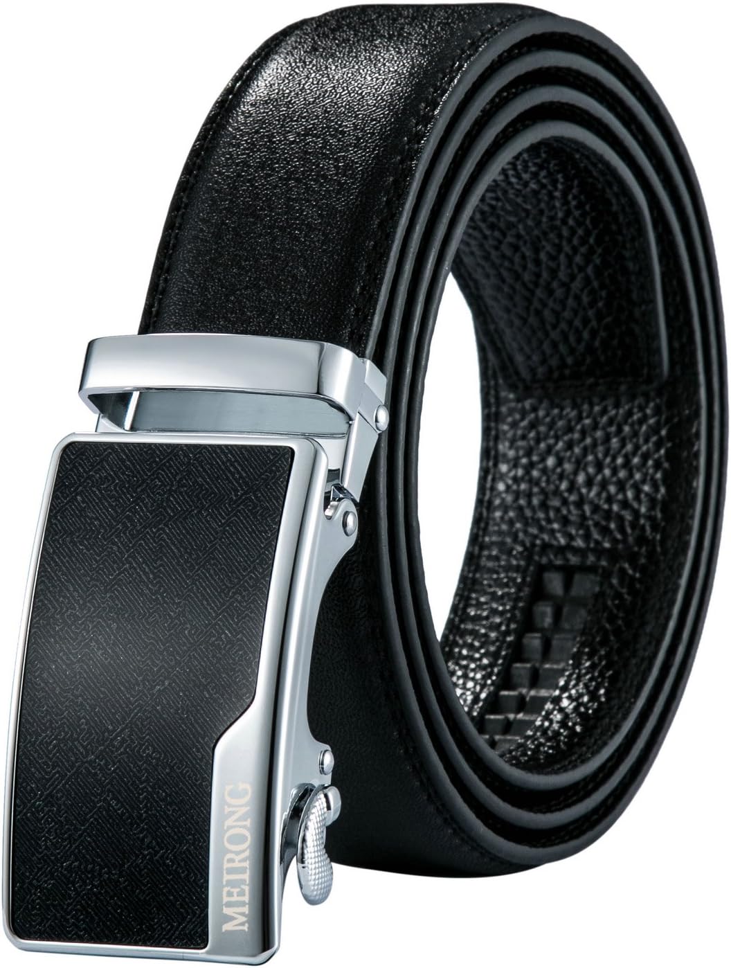 Leather Belt for Men - Automatic Buckle Ratchet Slide Holeless - Long 50" (black)