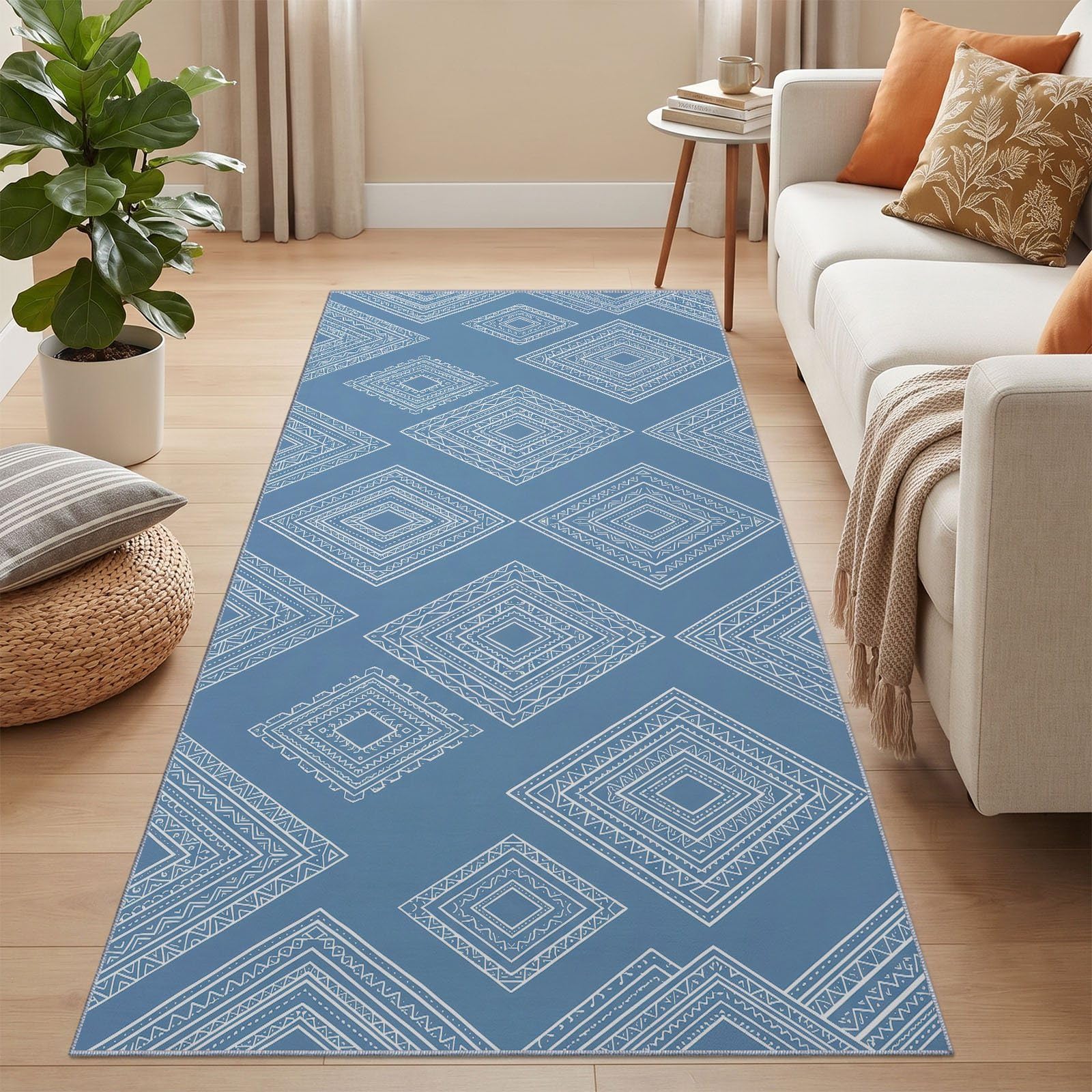 Skandynawski geometryczny chodnik do salonu, 80 x 240 cm, chodnik do przedpokoju, antypoślizgowy, długi, niebieski, biały, niski runo, dywan do wnętrz, nadaje się do prania, dywanik do sypialni, 80 x