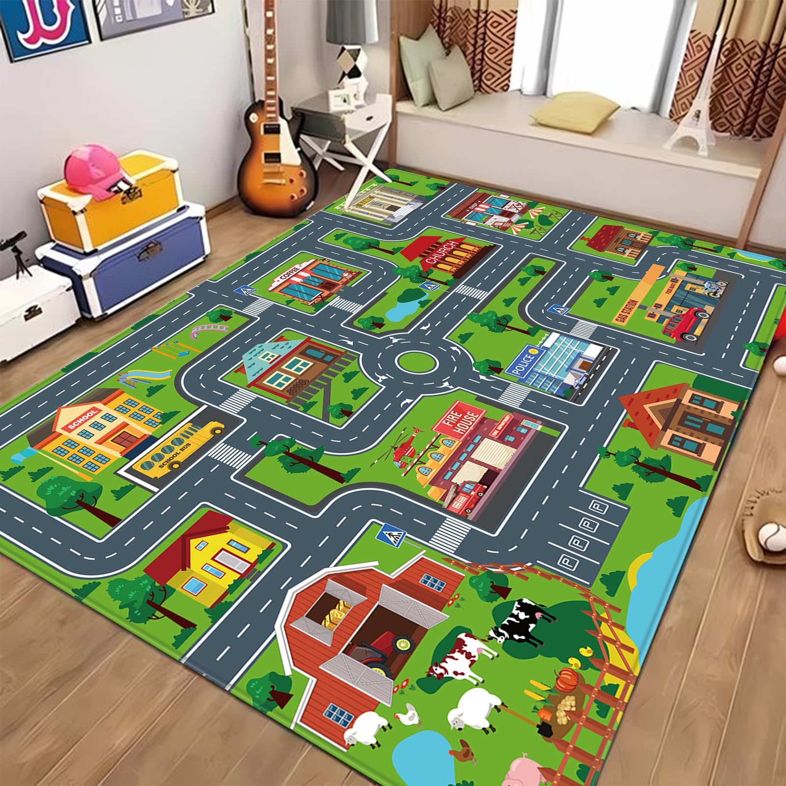 LTKOUGFAM Kids Car Playmat, Kids Rug for Playroom Car Mat Town City Road Traffic Rugs, Play Mat for Floor, Extra Large Boys Kid Car Track Play Rug (