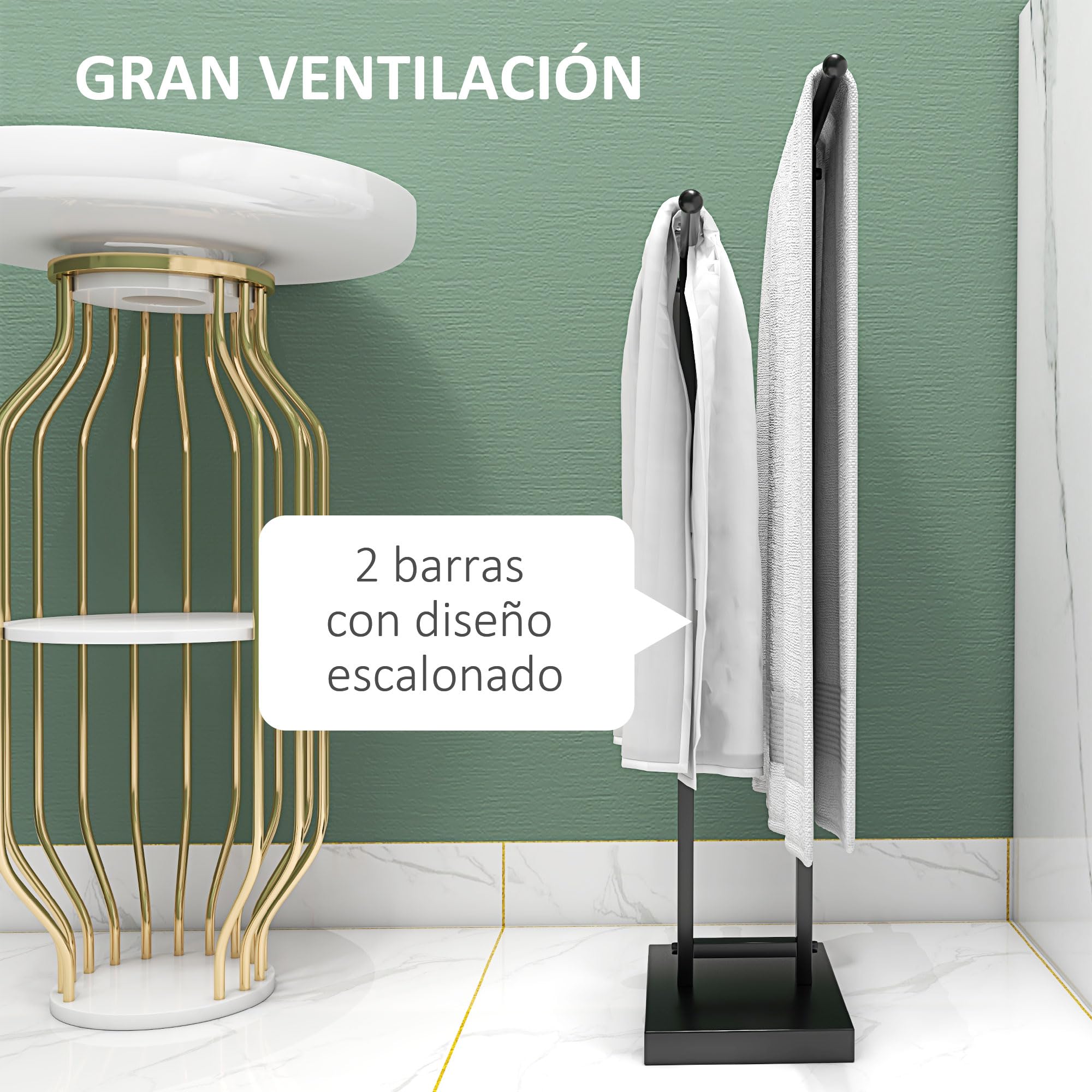 HOMCOM Toallero de Pie de Metal, Toallero Escalera de Baño con 2 Barras en Forma de T, Estilo Moderno, 50x18,5x85 cm, Negro