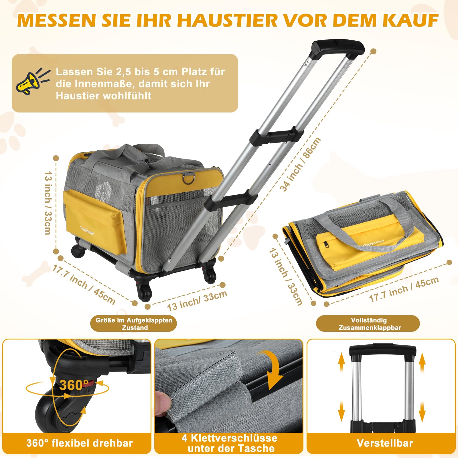 Trasportino per cani con ruote, 45 x 33 x 33 cm, con trolley per auto e aereo, pieghevole, traspirante, portatile, per cani e gatti fino a 9 kg