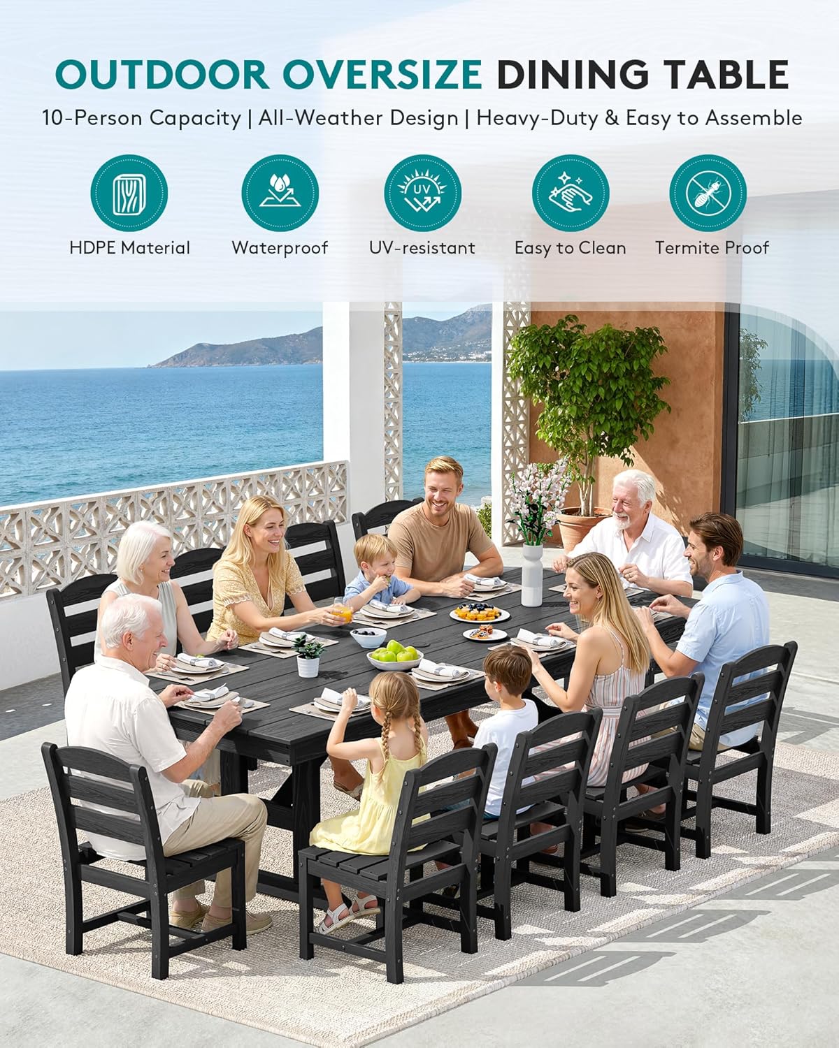 SERWALL Outdoor Armless Dining Chairs Set of 4, All-Weather HDPE Patio Chair with 19.7" Widened Seat, for Backyard, Garden, Black