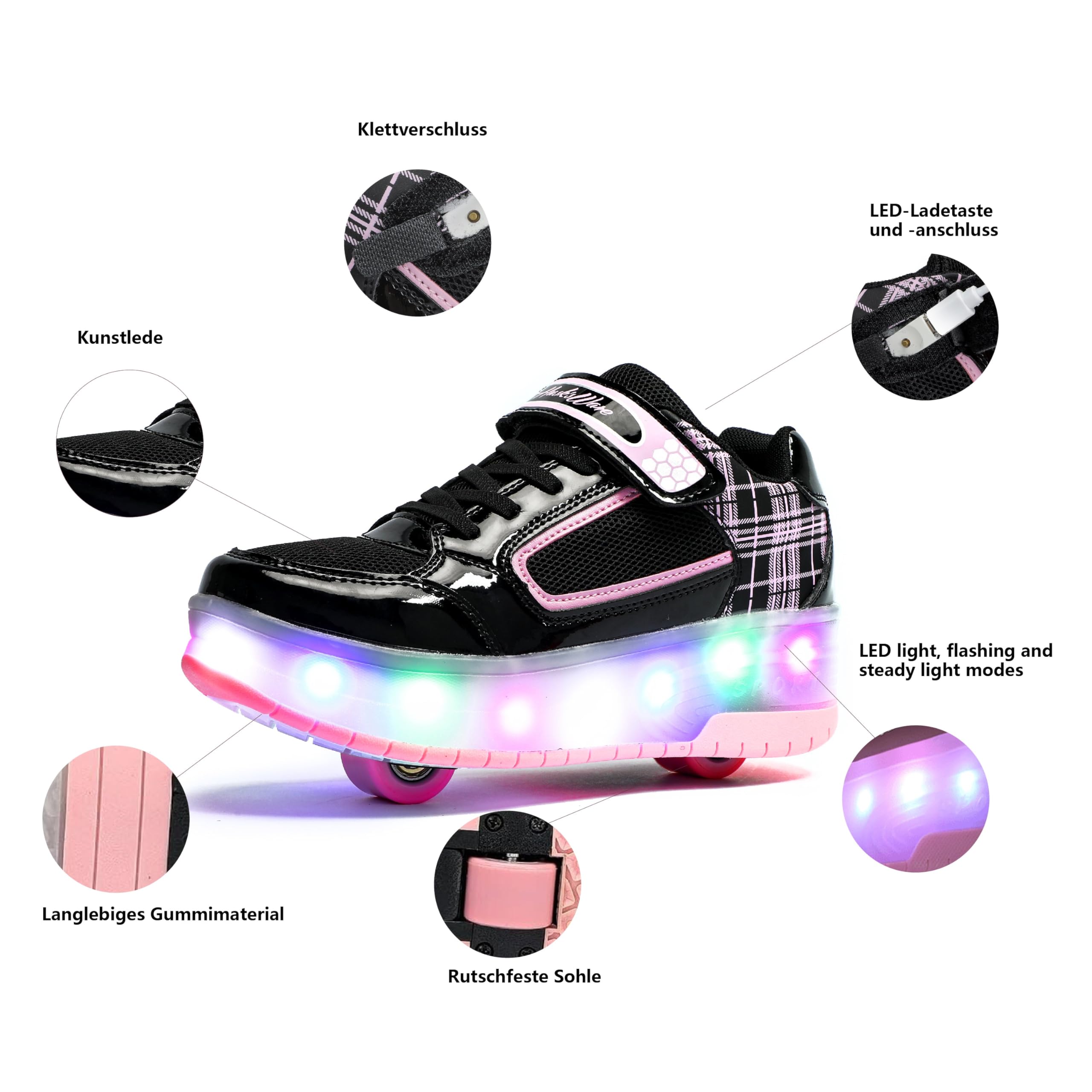 Ragazzi Ragazze Scarpe da Skateboard con 2 Ruote Automatiche, Pattini a rotelle per Bambini con Doppie Ruote, Scarpe da Fitness per Esterno Sneakers, Nero-Rosa, Nero-Bianco, 31-39 EU