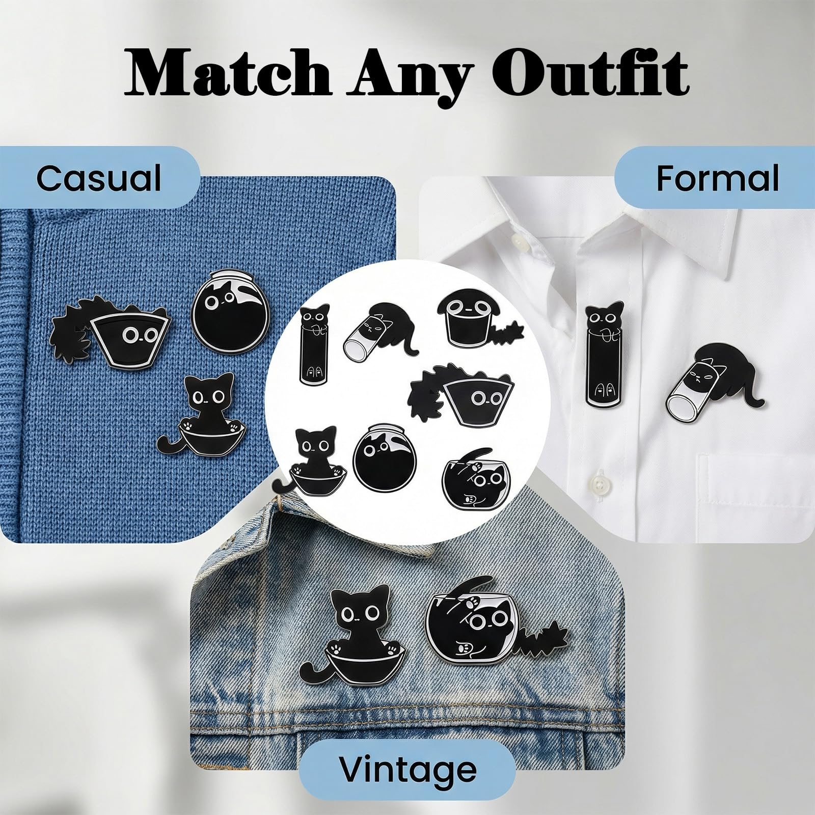Broches Esmaltados Gato Negro Set 7 Pins para Mochila, Insignias de Esmalte Zinc